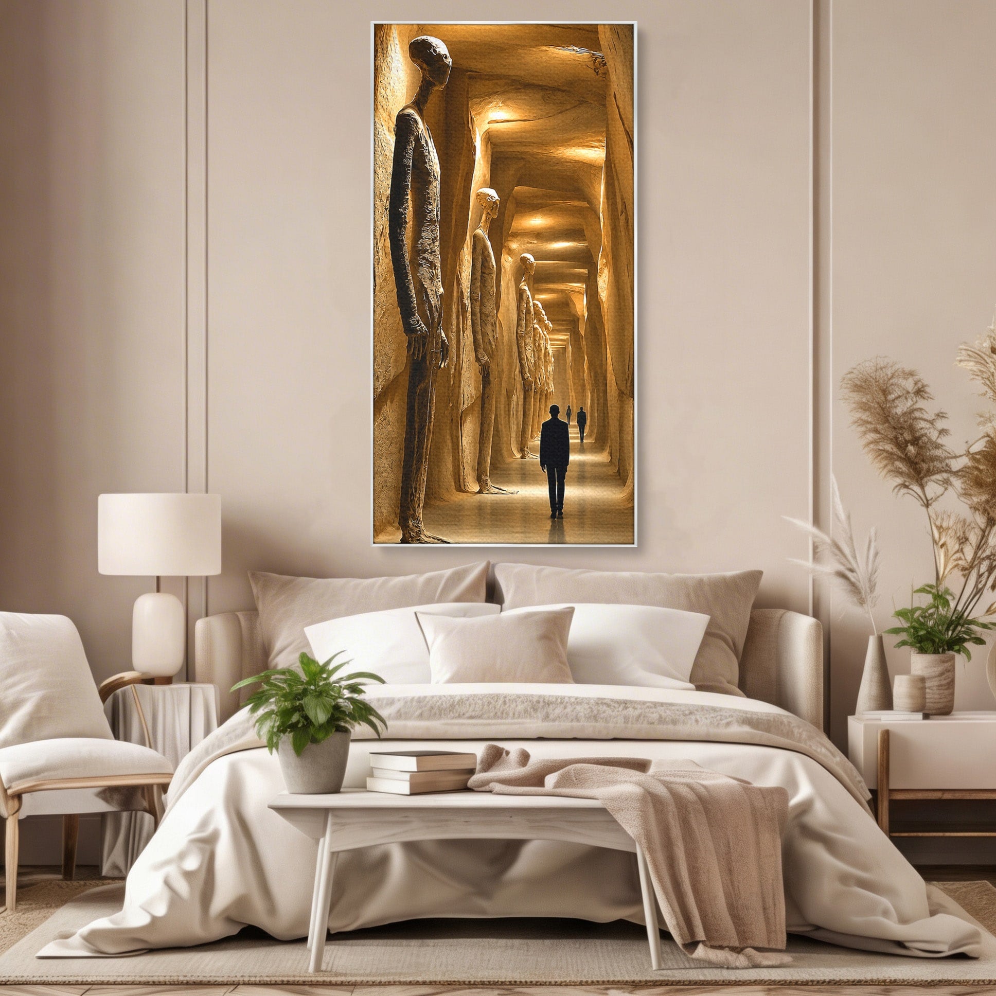 Tablou Canvas Premium LuxCanva® U1135, Coridorul Figurilor Enigmatice, Surrealism, Mister, Galerie, Figuri, Coridor, Living, Birou, Culori Vibrante
