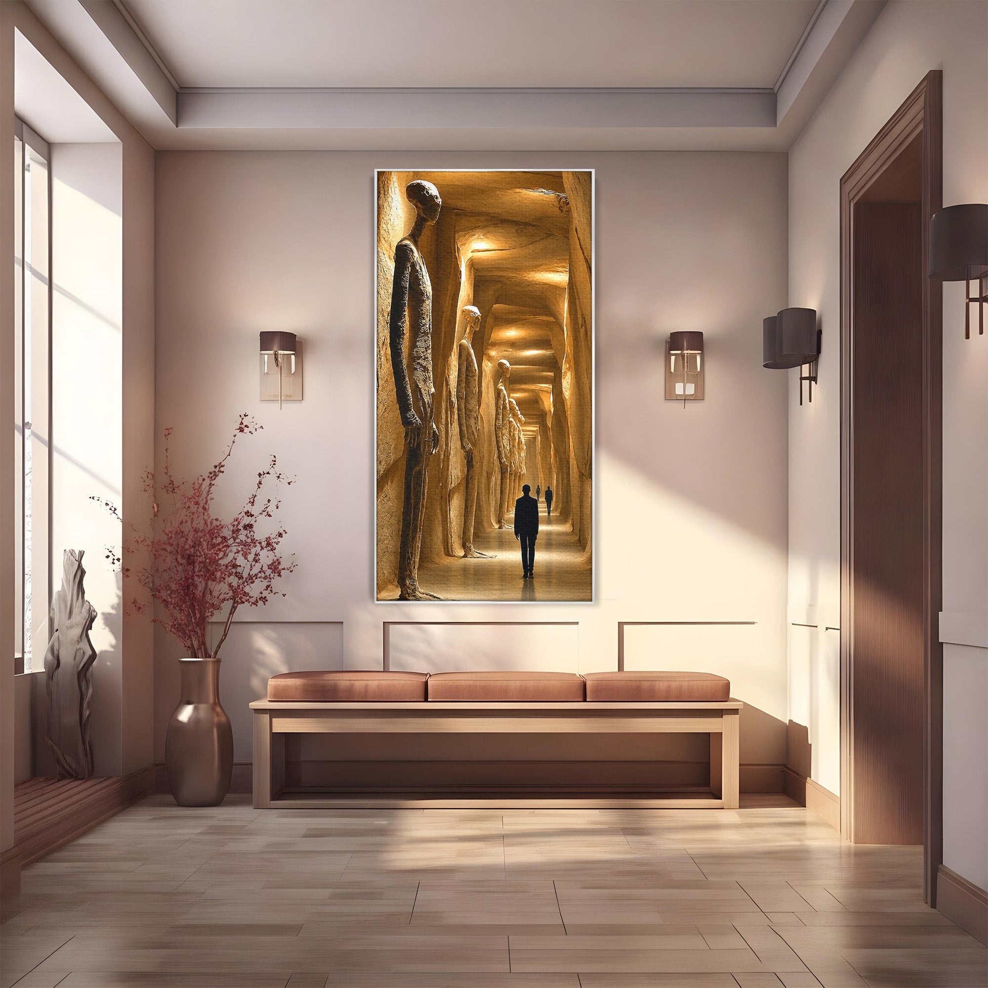 Tablou Canvas Premium LuxCanva® U1135, Coridorul Figurilor Enigmatice, Surrealism, Mister, Galerie, Figuri, Coridor, Living, Birou, Culori Vibrante