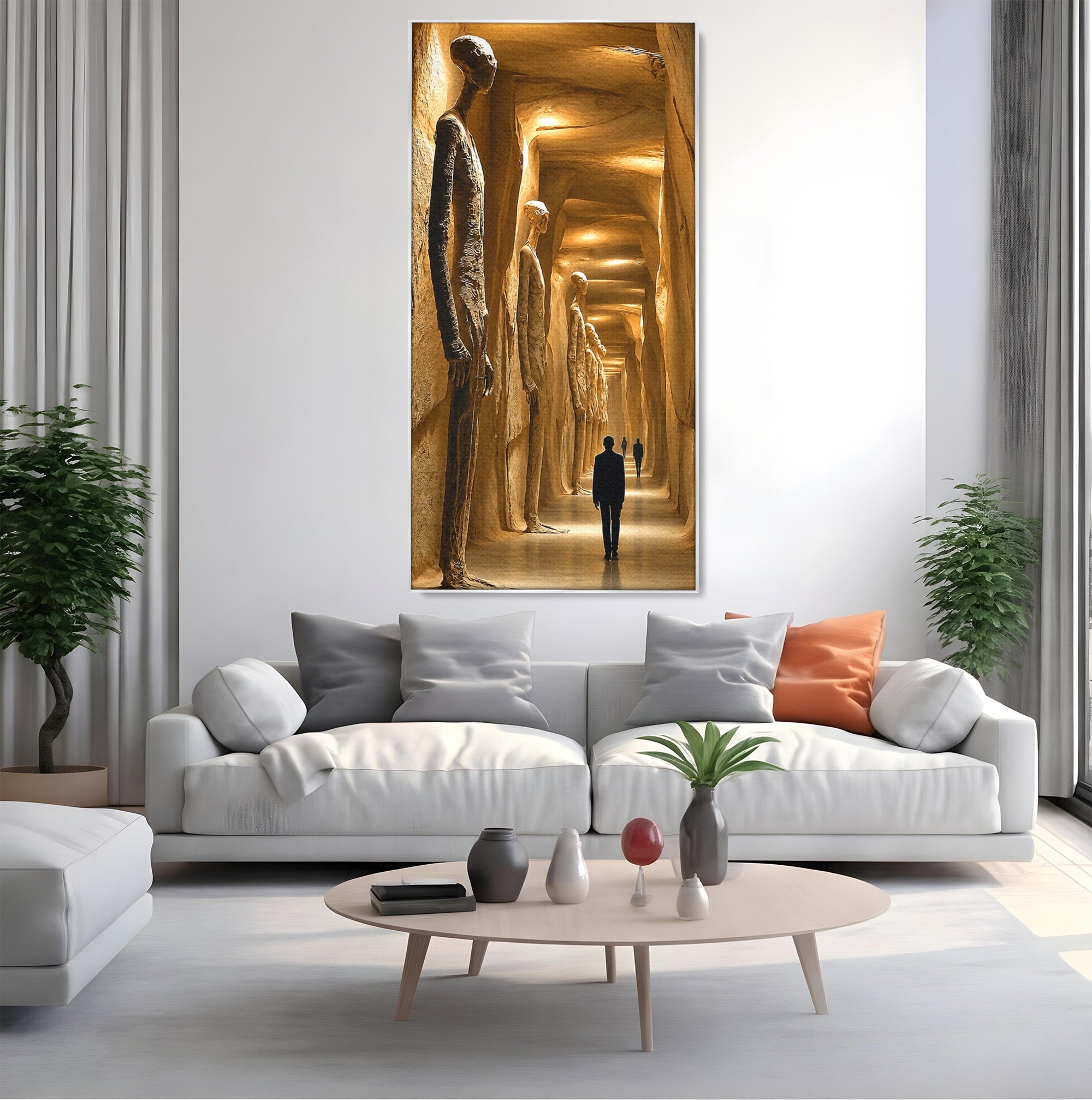 Tablou Canvas Premium LuxCanva® U1135, Coridorul Figurilor Enigmatice, Surrealism, Mister, Galerie, Figuri, Coridor, Living, Birou, Culori Vibrante