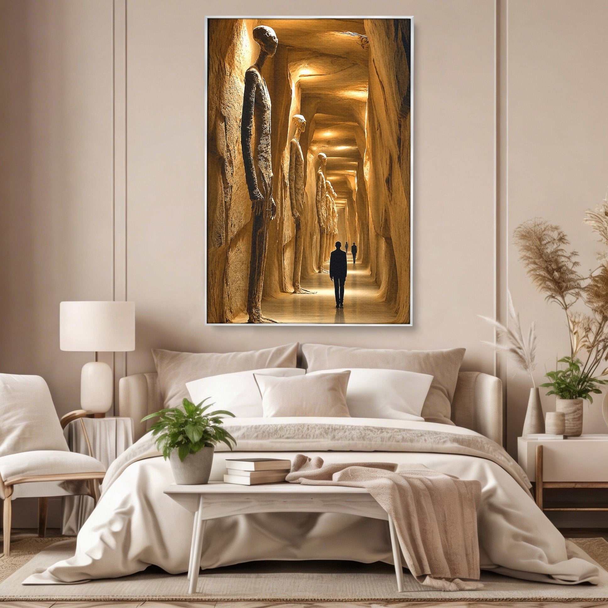 Tablou Canvas Premium LuxCanva® U1135, Coridorul Figurilor Enigmatice, Surrealism, Mister, Galerie, Figuri, Coridor, Living, Birou, Culori Vibrante