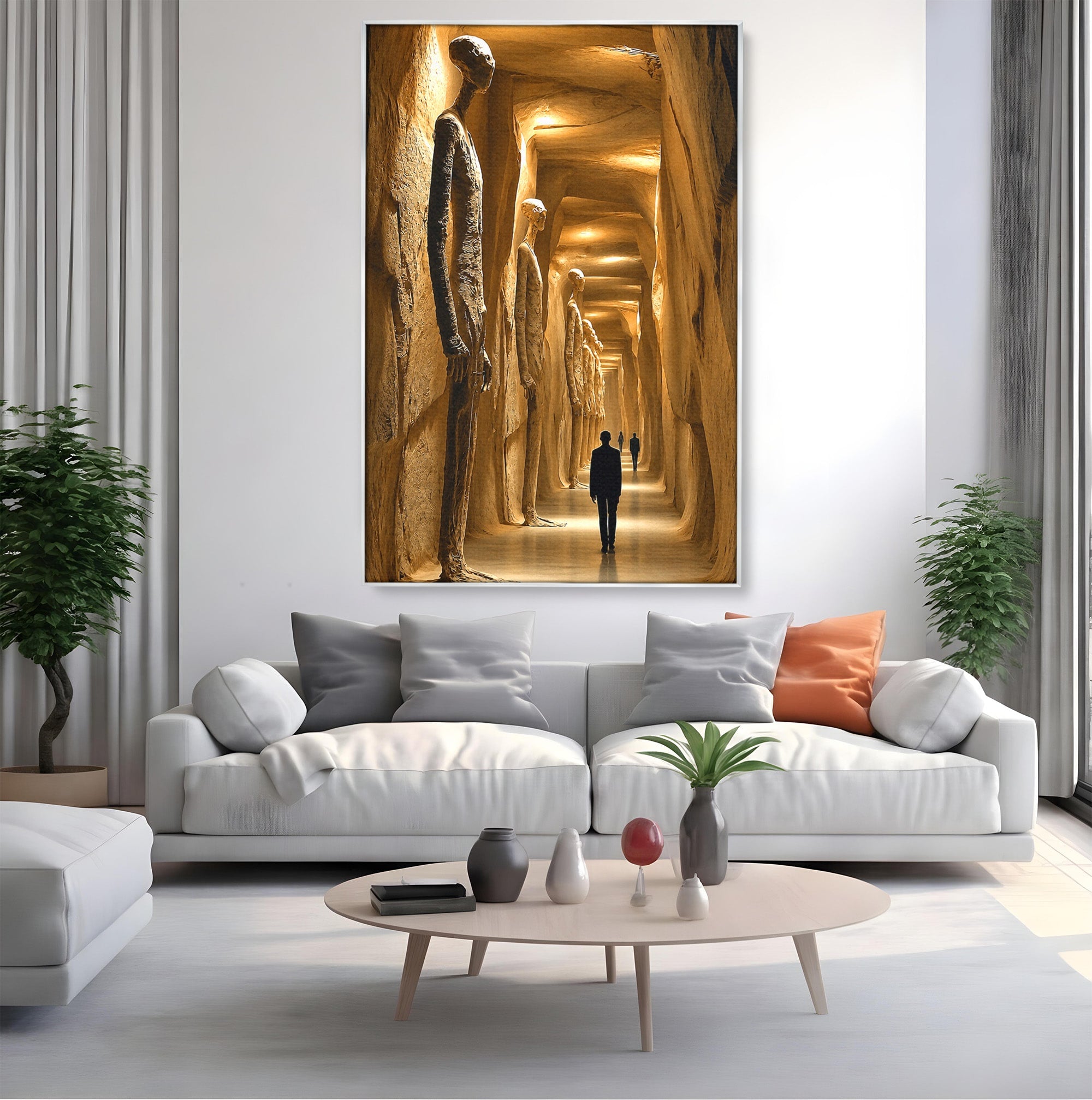 Tablou Canvas Premium LuxCanva® U1135, Coridorul Figurilor Enigmatice, Surrealism, Mister, Galerie, Figuri, Coridor, Living, Birou, Culori Vibrante