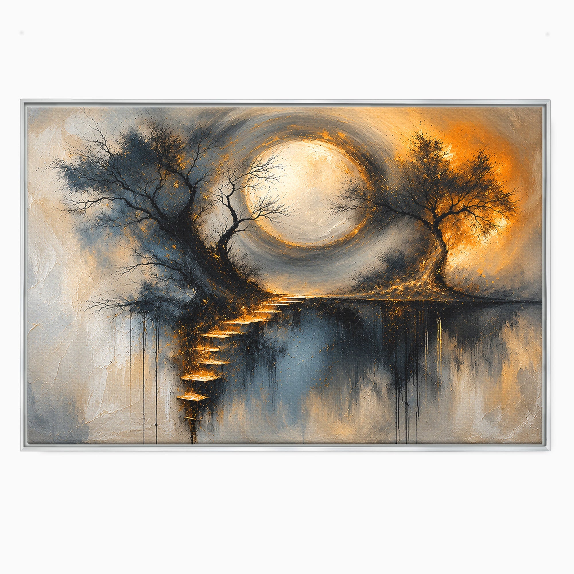Tablou Canvas Premium LuxCanva® U1137, Copaci Sub Luna Plina, Noapte, Mister, Copaci, Luna, Living, Culori Vibrante
