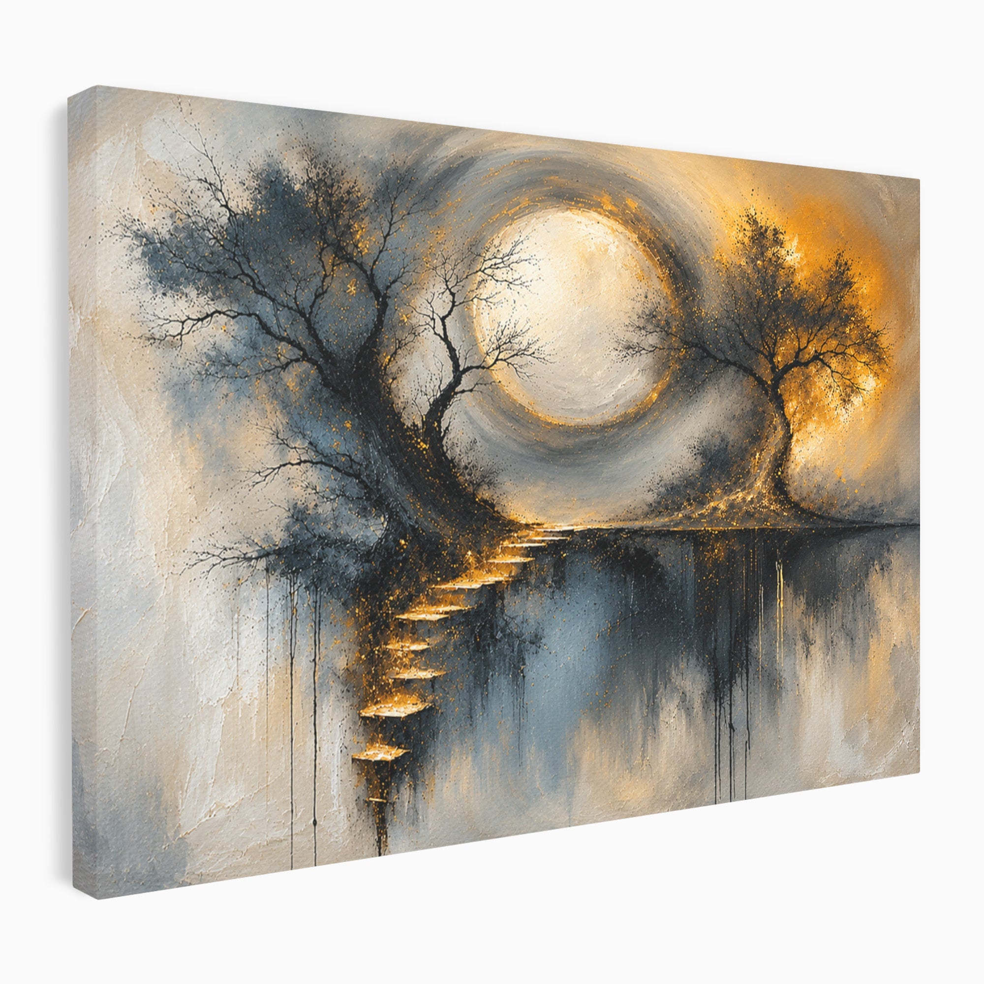 Tablou Canvas Premium LuxCanva® U1137, Copaci Sub Luna Plina, Noapte, Mister, Copaci, Luna, Living, Culori Vibrante