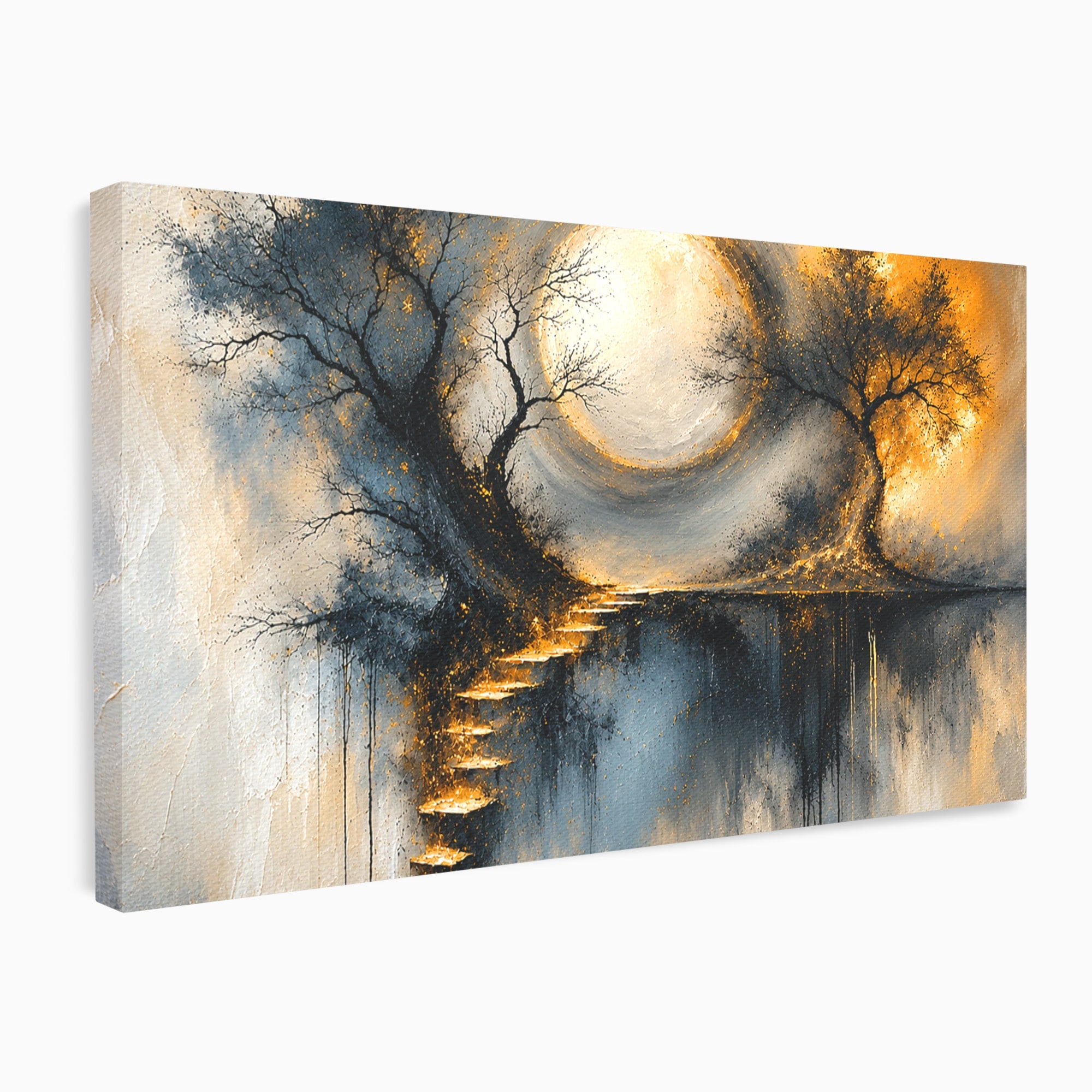 Tablou Canvas Premium LuxCanva® U1137, Copaci Sub Luna Plina, Noapte, Mister, Copaci, Luna, Living, Culori Vibrante
