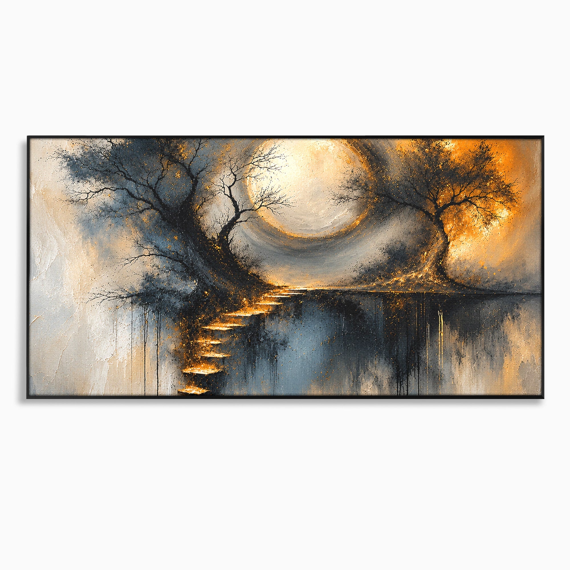 Tablou Canvas Premium LuxCanva® U1137, Copaci Sub Luna Plina, Noapte, Mister, Copaci, Luna, Living, Culori Vibrante