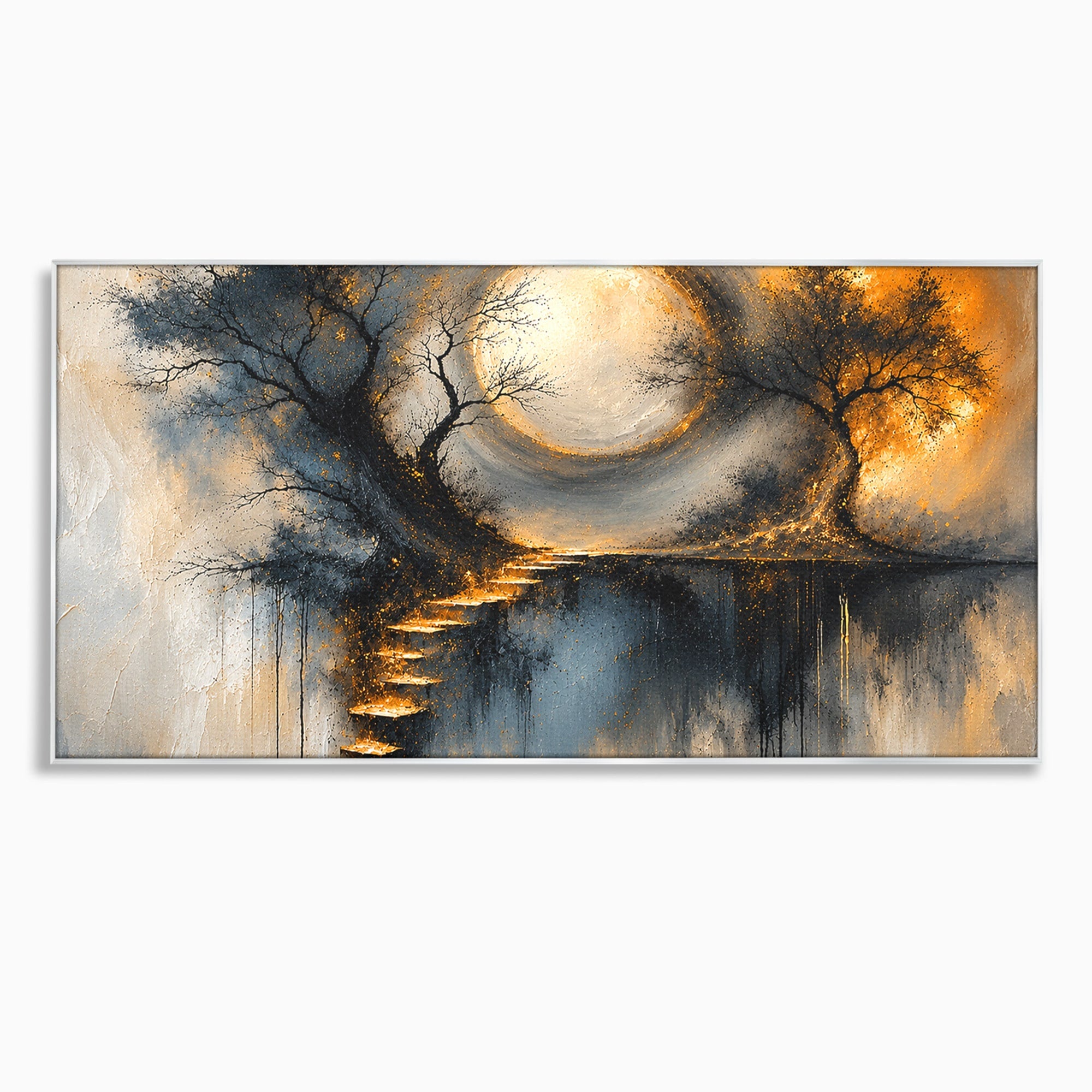 Tablou Canvas Premium LuxCanva® U1137, Copaci Sub Luna Plina, Noapte, Mister, Copaci, Luna, Living, Culori Vibrante