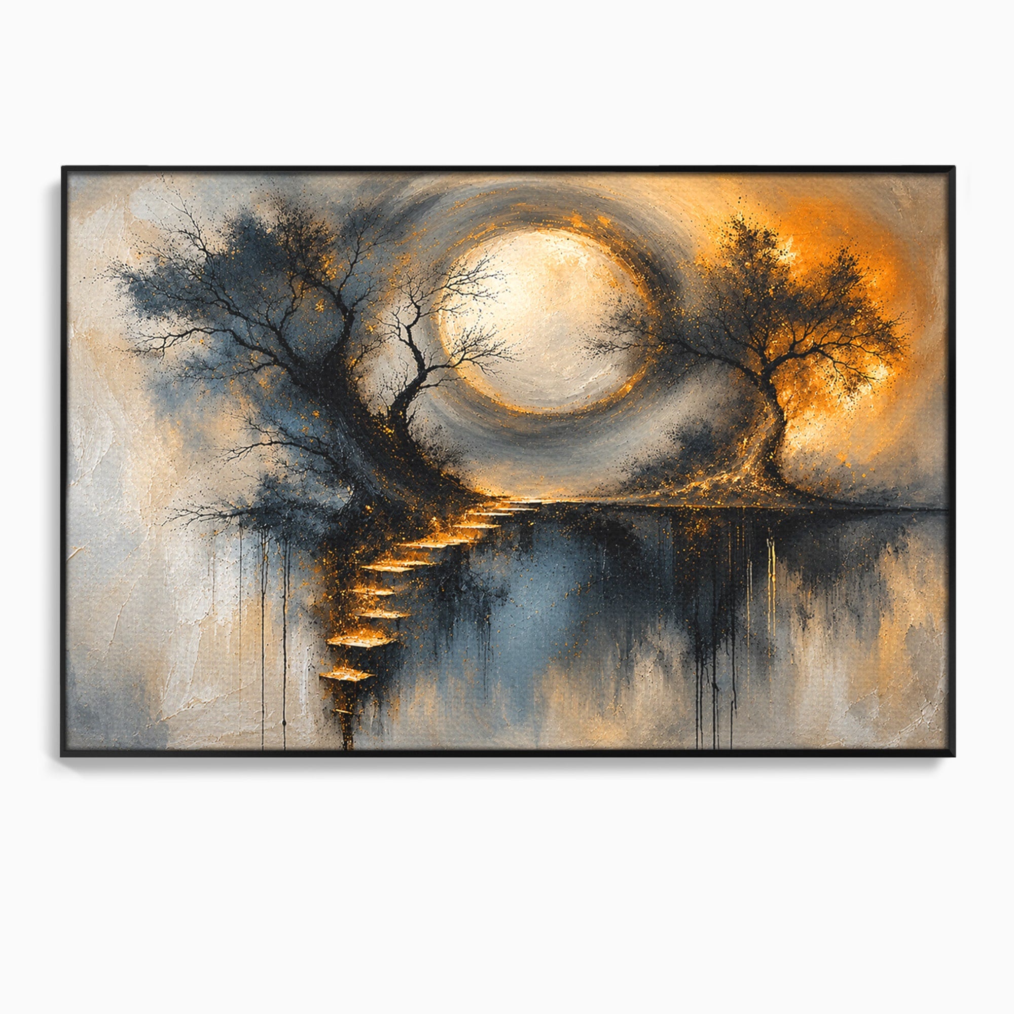 Tablou Canvas Premium LuxCanva® U1137, Copaci Sub Luna Plina, Noapte, Mister, Copaci, Luna, Living, Culori Vibrante