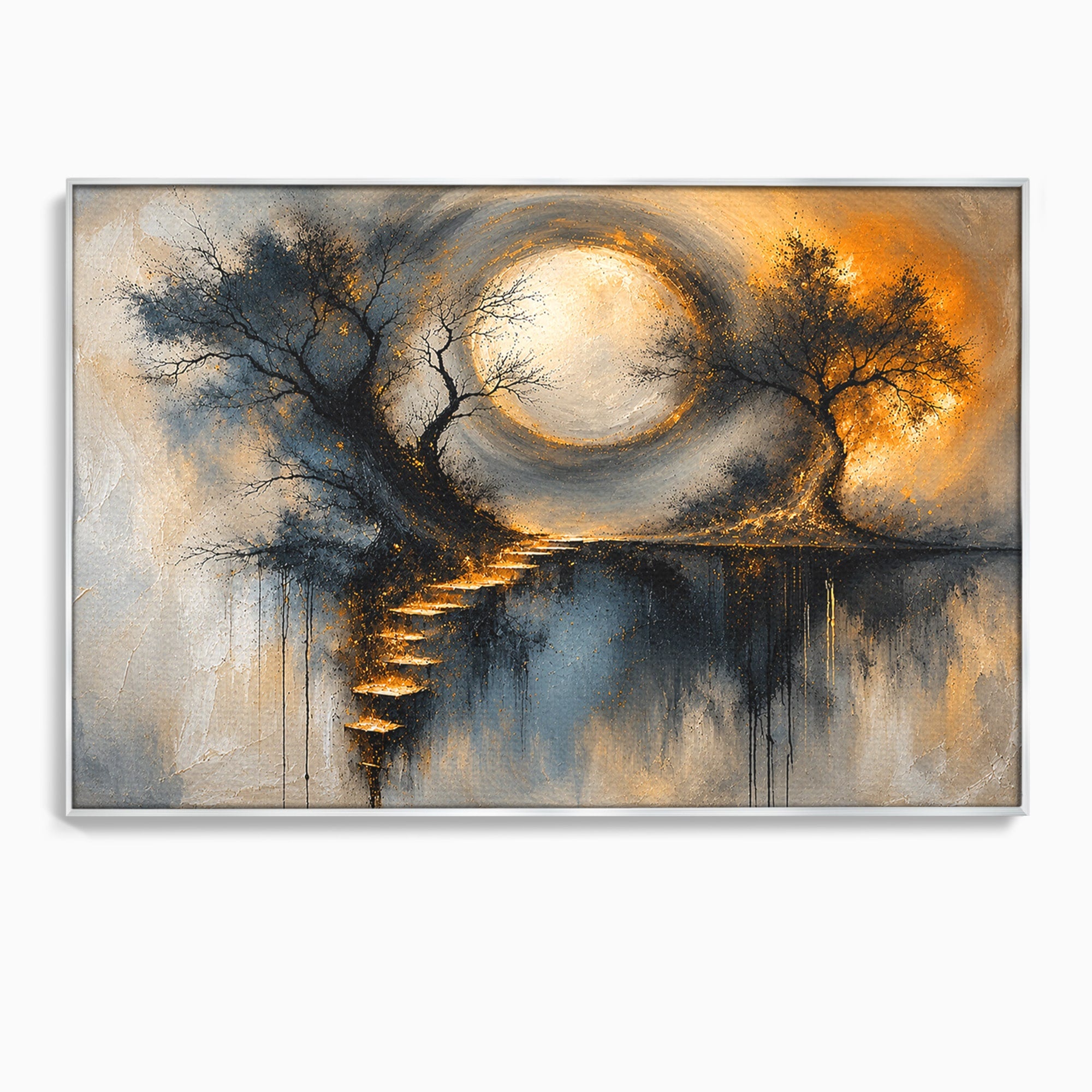 Tablou Canvas Premium LuxCanva® U1137, Copaci Sub Luna Plina, Noapte, Mister, Copaci, Luna, Living, Culori Vibrante