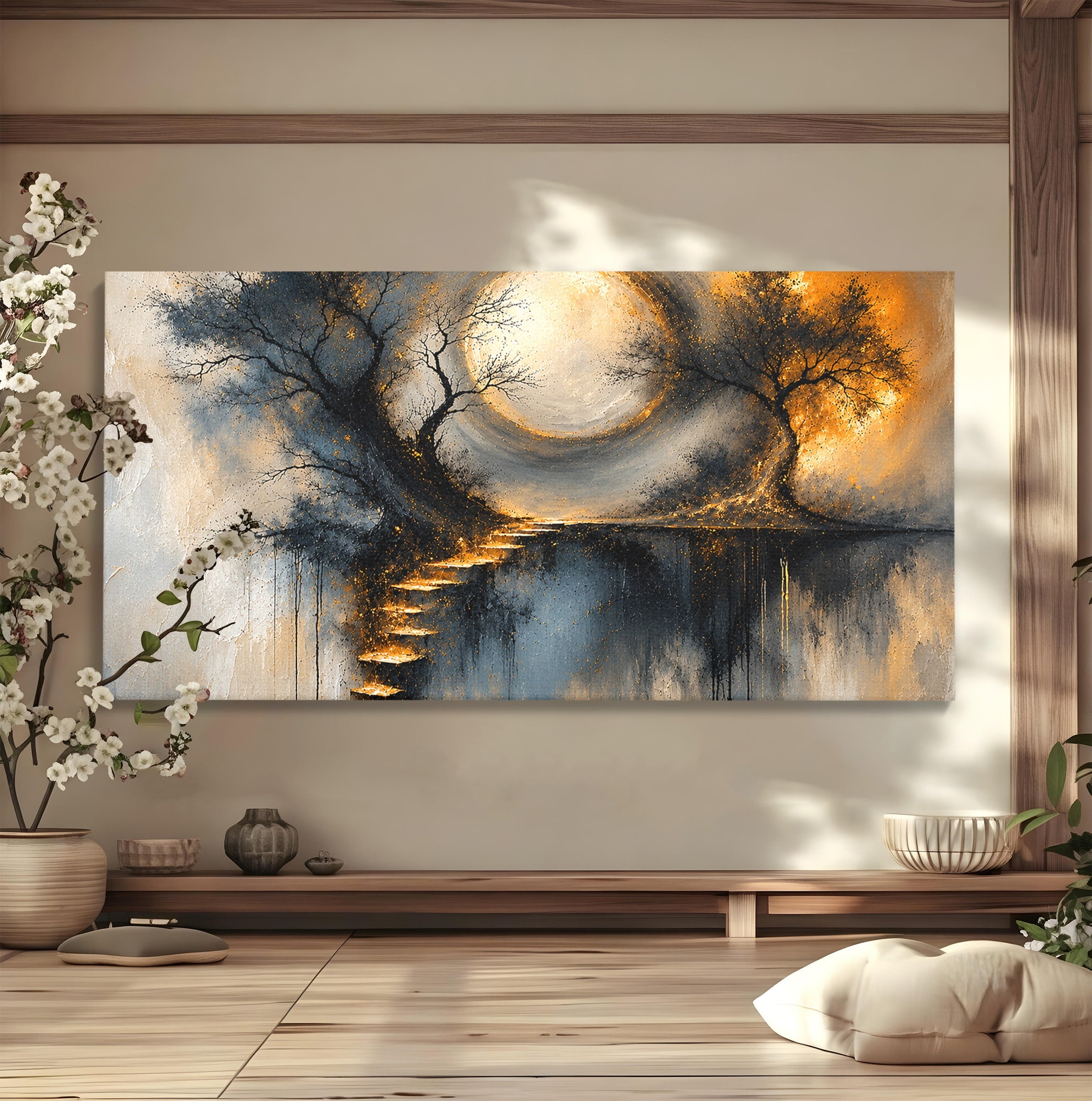 Tablou Canvas Premium LuxCanva® U1137, Copaci Sub Luna Plina, Noapte, Mister, Copaci, Luna, Living, Culori Vibrante