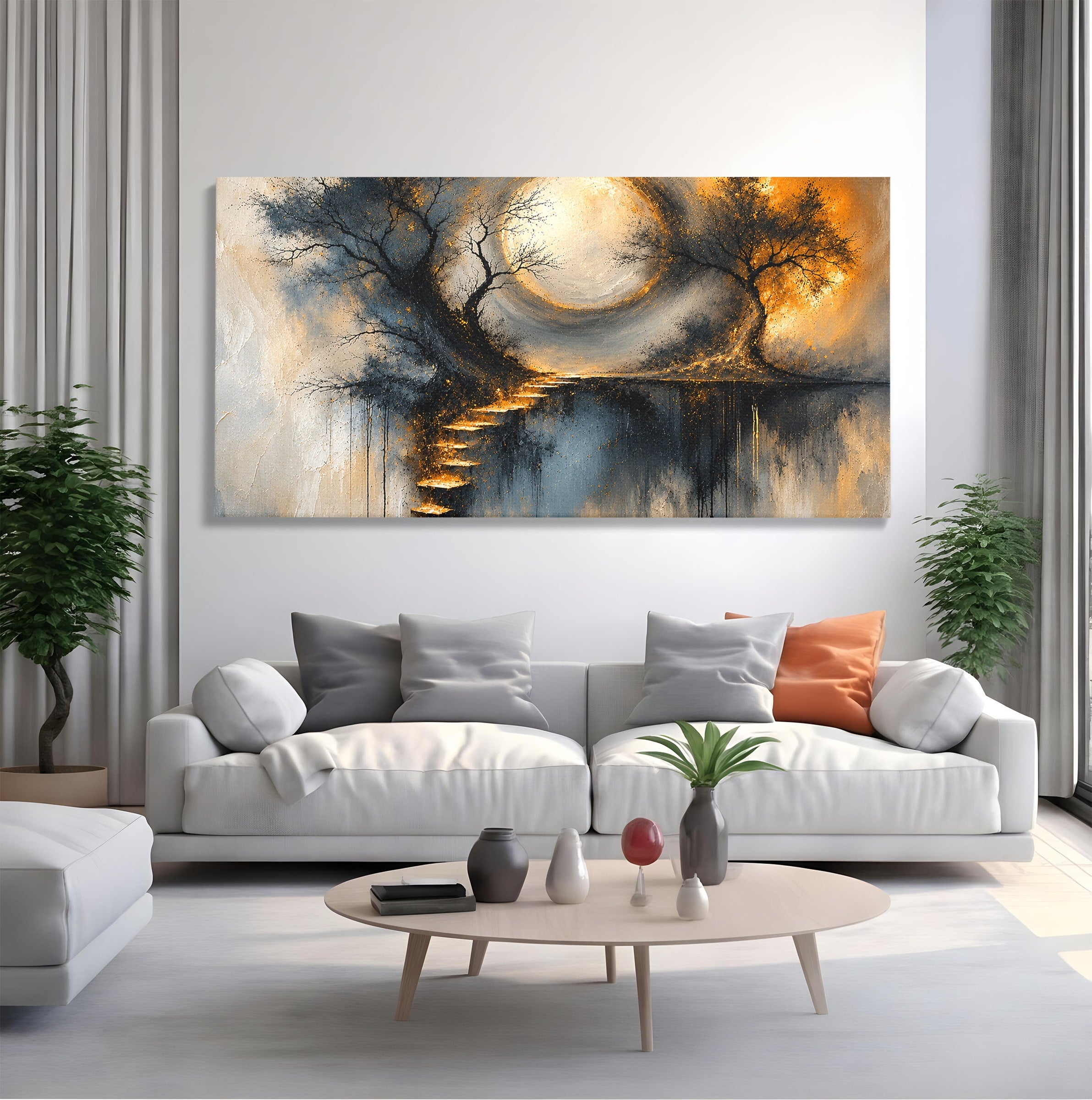 Tablou Canvas Premium LuxCanva® U1137, Copaci Sub Luna Plina, Noapte, Mister, Copaci, Luna, Living, Culori Vibrante