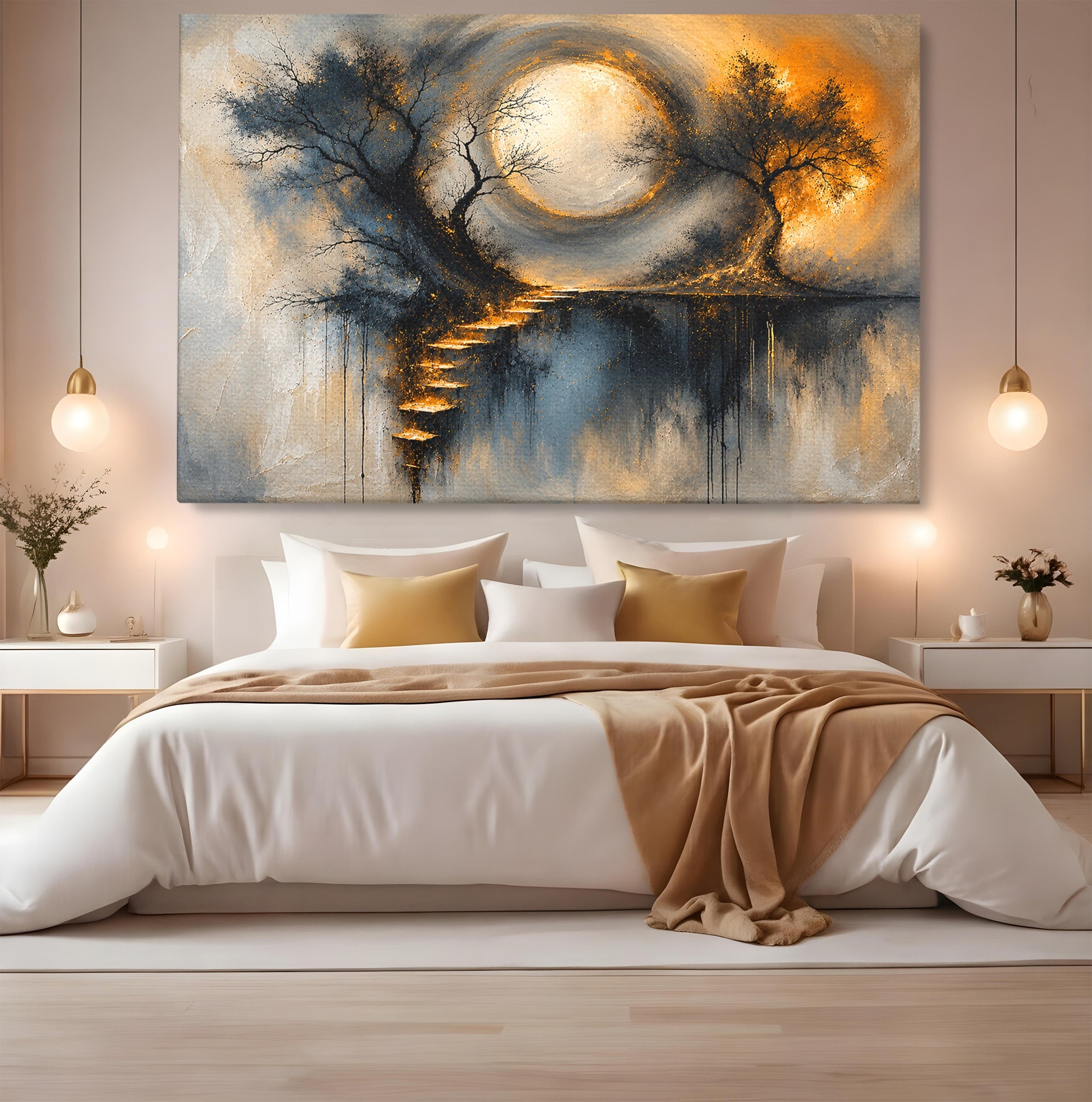 Tablou Canvas Premium LuxCanva® U1137, Copaci Sub Luna Plina, Noapte, Mister, Copaci, Luna, Living, Culori Vibrante