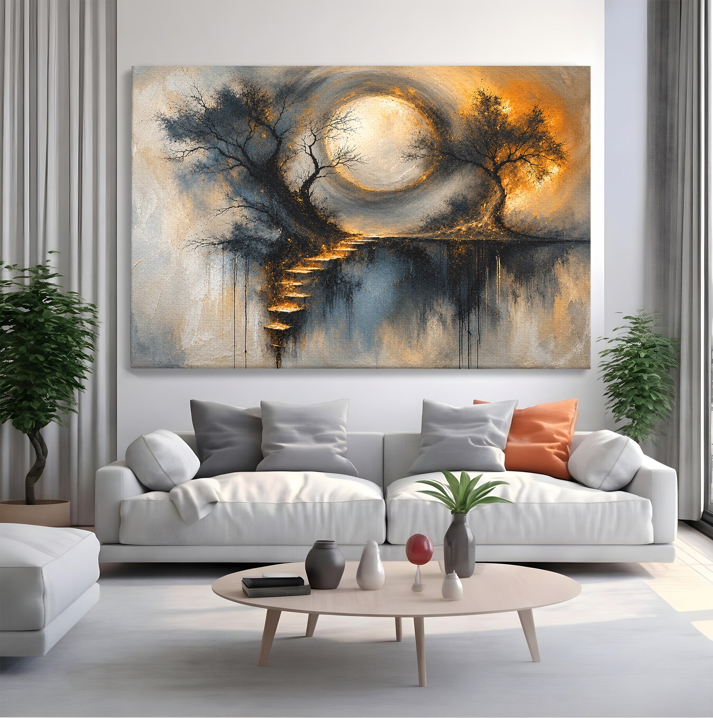 Tablou Canvas Premium LuxCanva® U1137, Copaci Sub Luna Plina, Noapte, Mister, Copaci, Luna, Living, Culori Vibrante