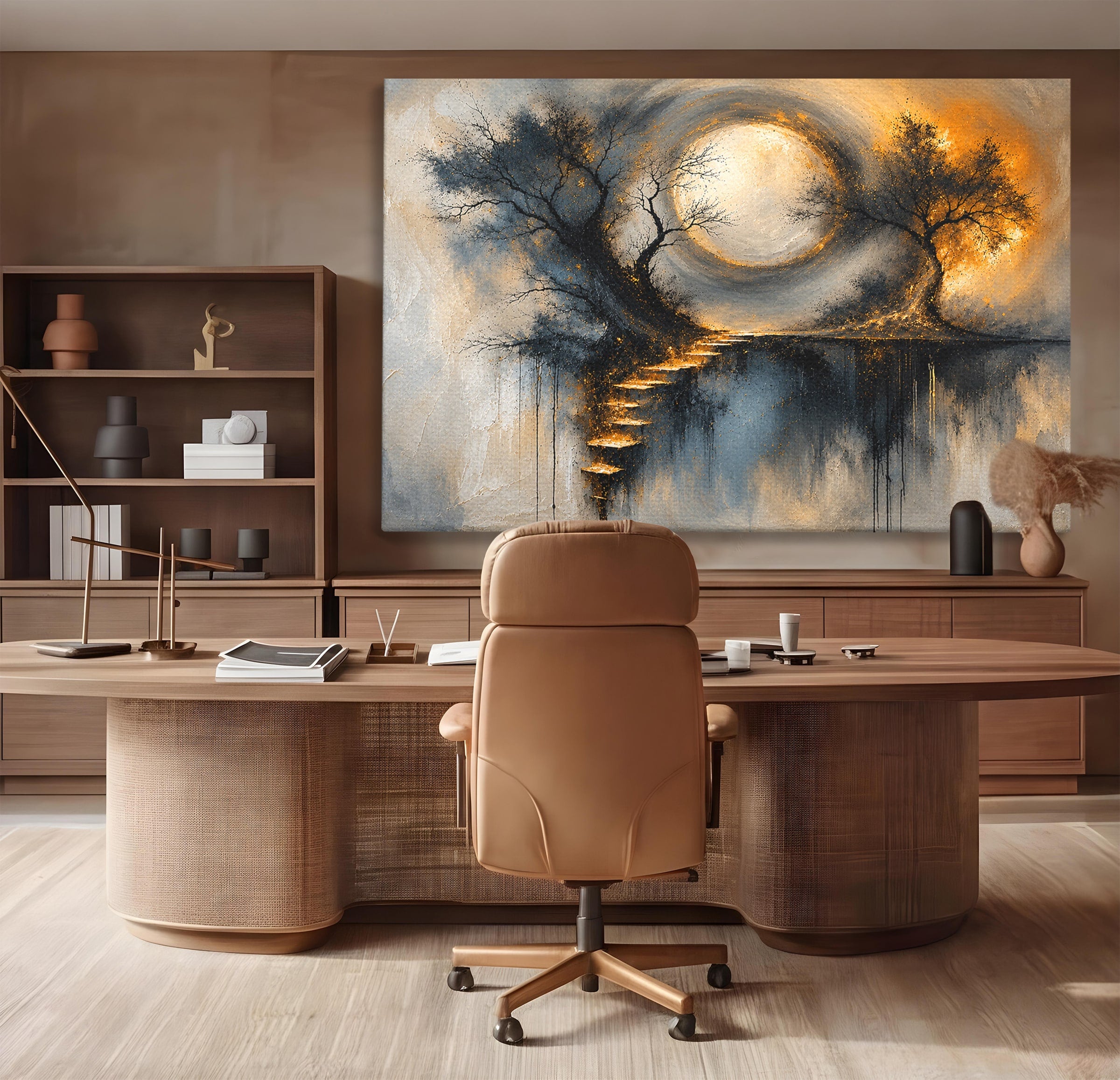 Tablou Canvas Premium LuxCanva® U1137, Copaci Sub Luna Plina, Noapte, Mister, Copaci, Luna, Living, Culori Vibrante