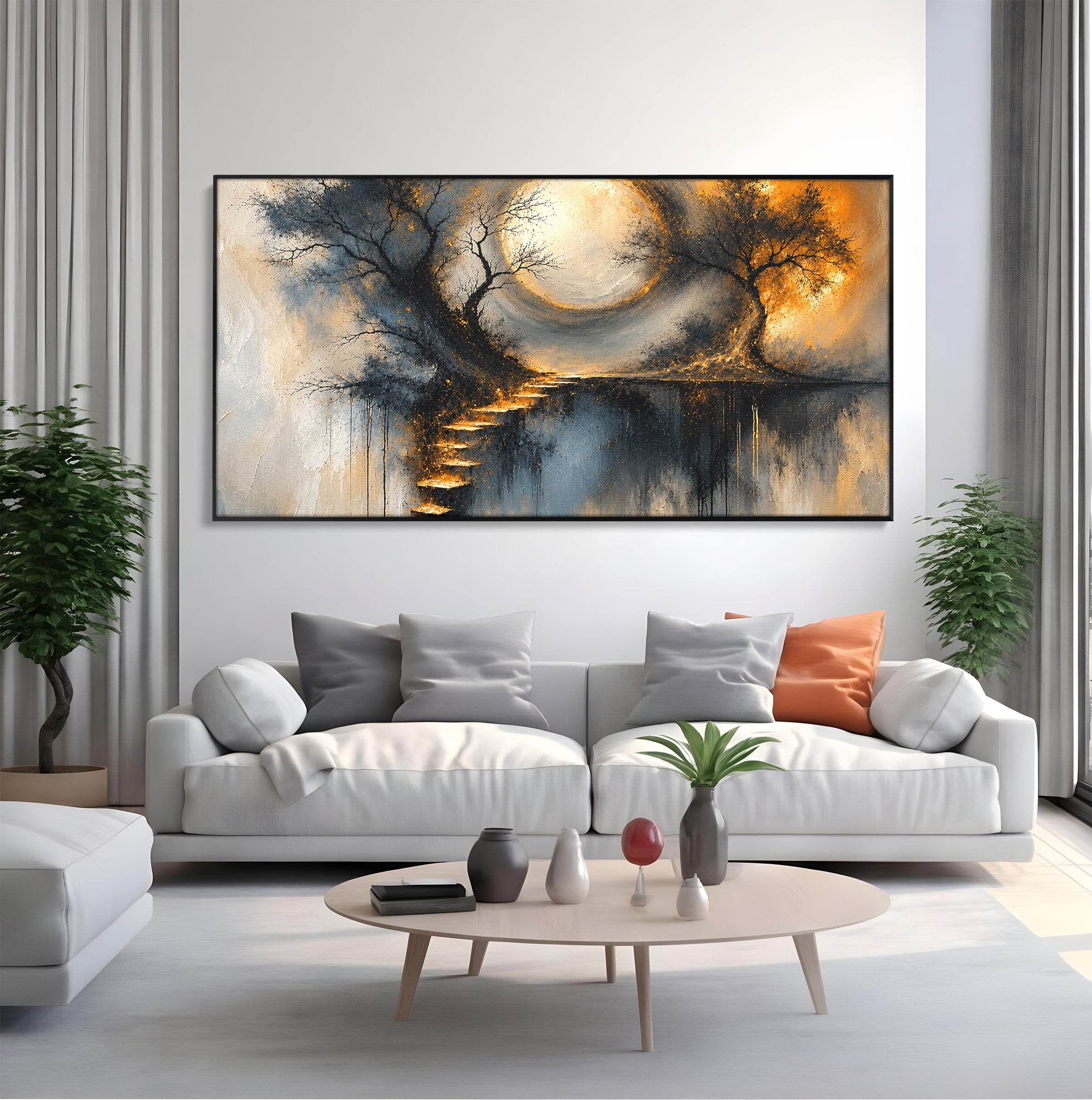 Tablou Canvas Premium LuxCanva® U1137, Copaci Sub Luna Plina, Noapte, Mister, Copaci, Luna, Living, Culori Vibrante