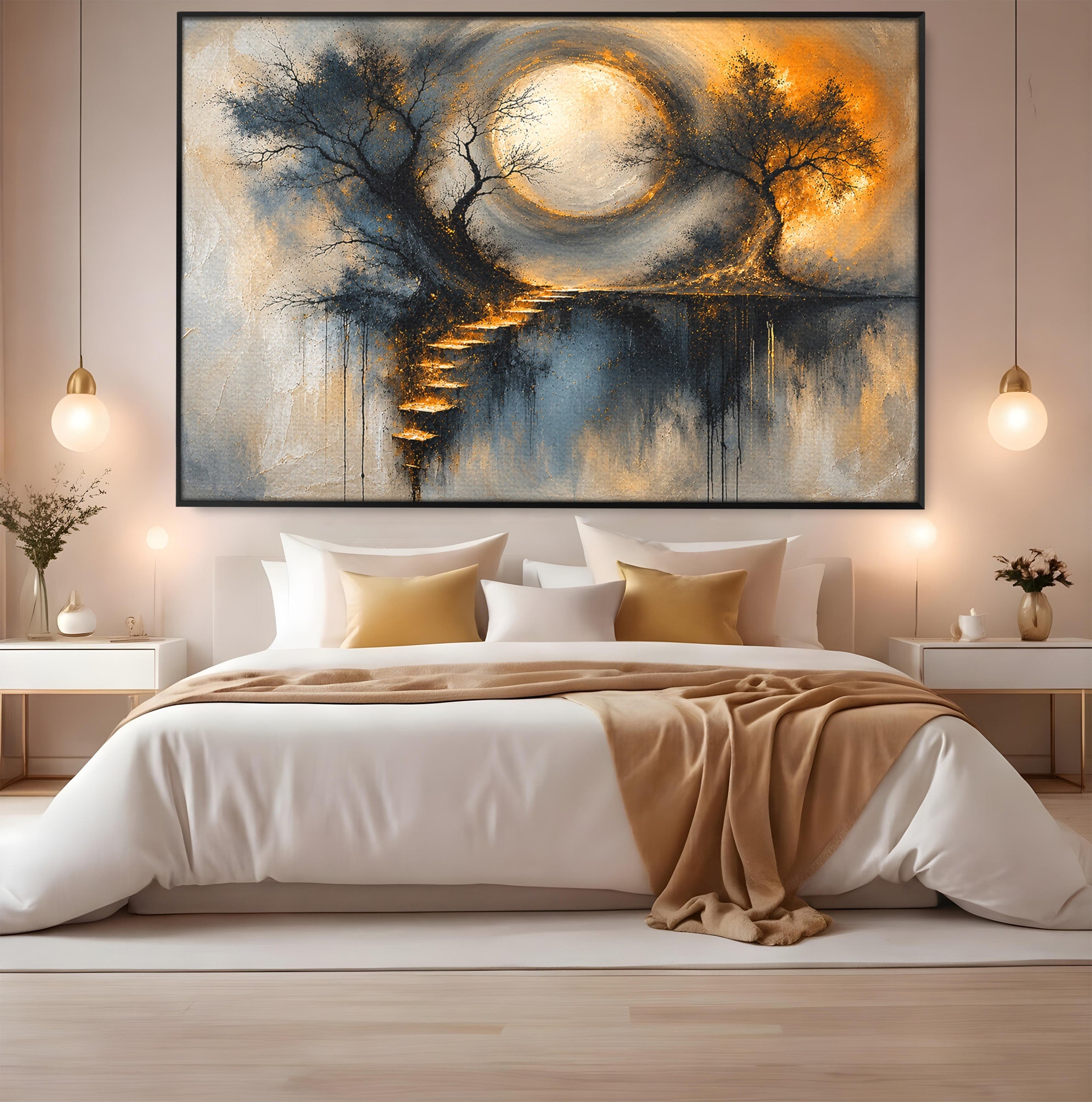 Tablou Canvas Premium LuxCanva® U1137, Copaci Sub Luna Plina, Noapte, Mister, Copaci, Luna, Living, Culori Vibrante