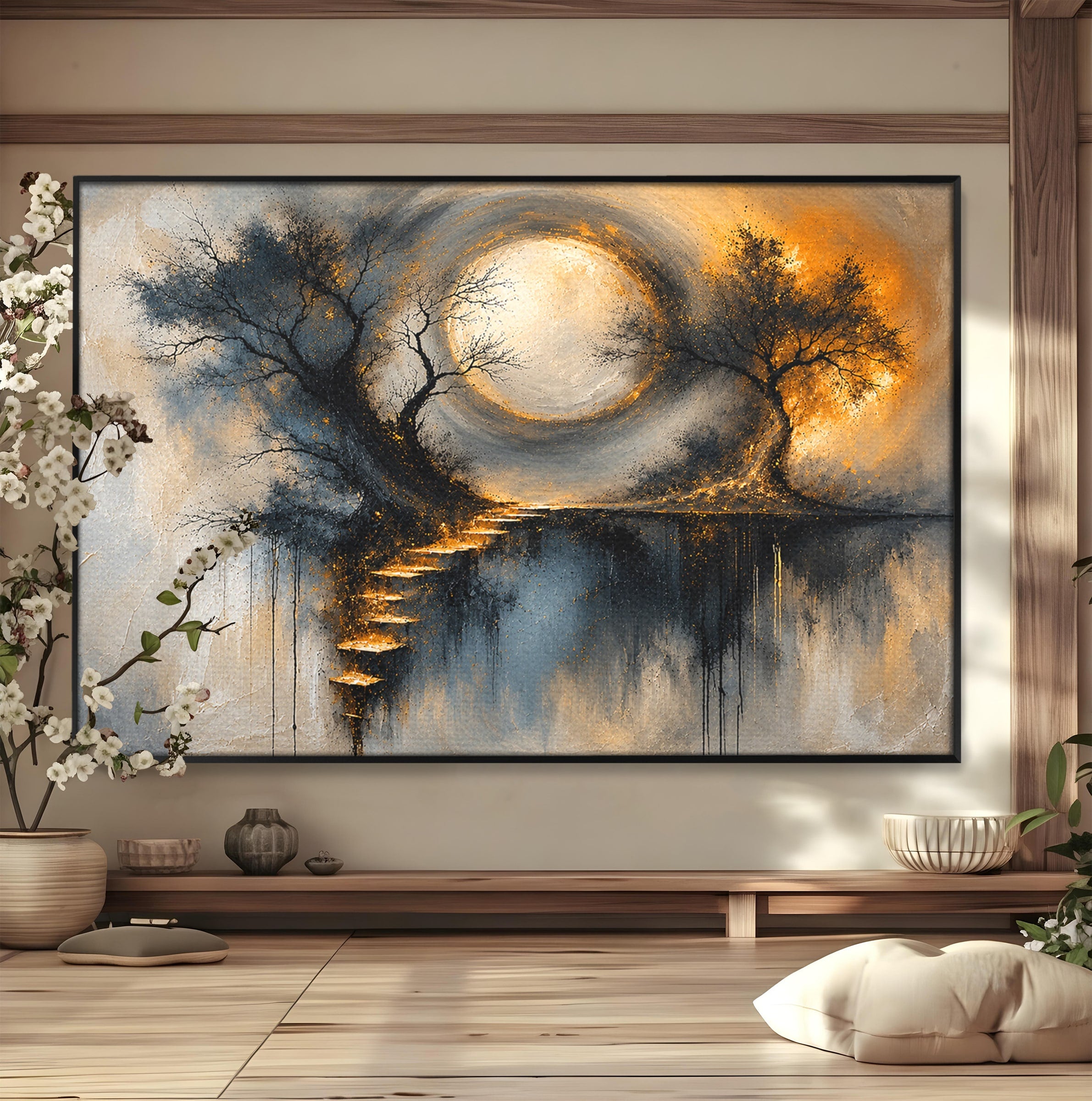 Tablou Canvas Premium LuxCanva® U1137, Copaci Sub Luna Plina, Noapte, Mister, Copaci, Luna, Living, Culori Vibrante