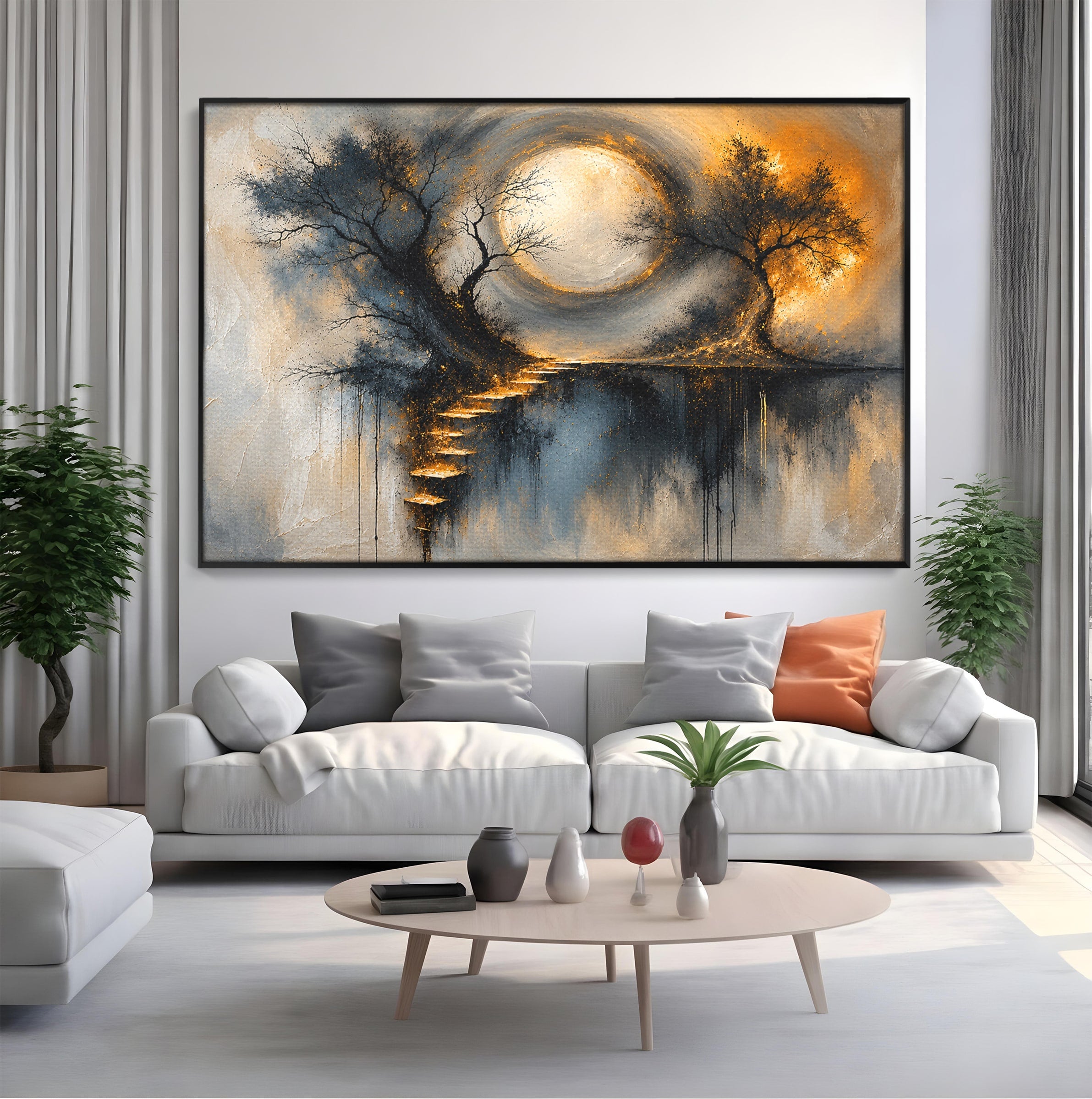 Tablou Canvas Premium LuxCanva® U1137, Copaci Sub Luna Plina, Noapte, Mister, Copaci, Luna, Living, Culori Vibrante