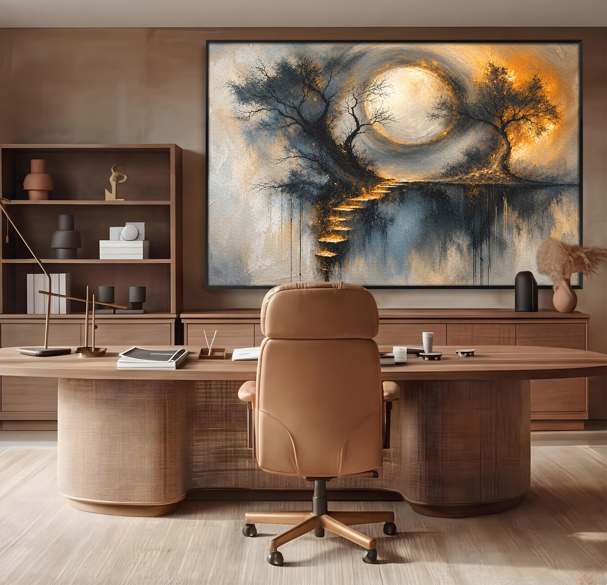 Tablou Canvas Premium LuxCanva® U1137, Copaci Sub Luna Plina, Noapte, Mister, Copaci, Luna, Living, Culori Vibrante