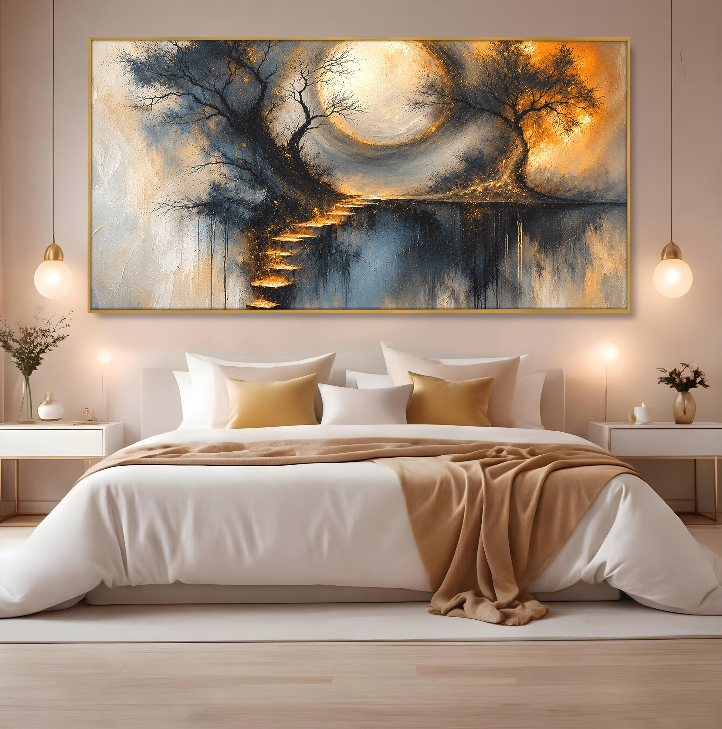 Tablou Canvas Premium LuxCanva® U1137, Copaci Sub Luna Plina, Noapte, Mister, Copaci, Luna, Living, Culori Vibrante