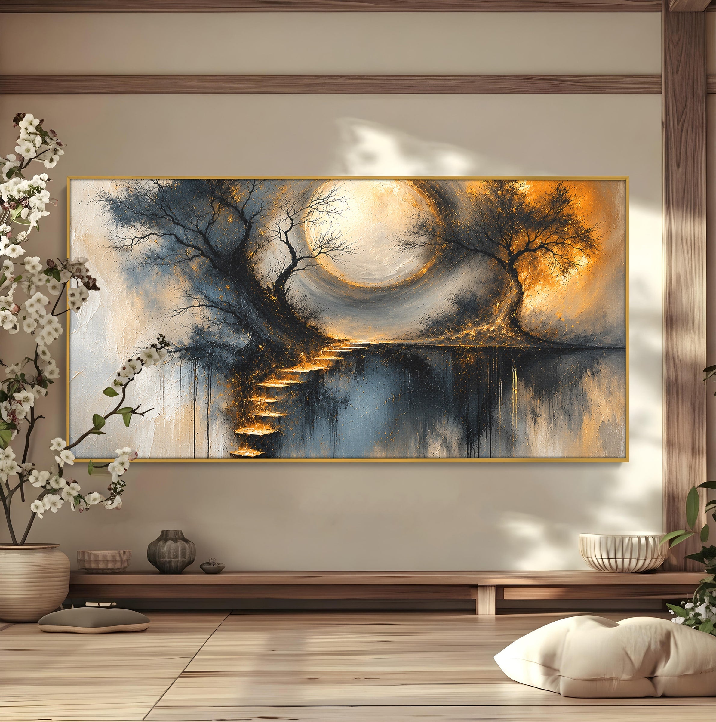 Tablou Canvas Premium LuxCanva® U1137, Copaci Sub Luna Plina, Noapte, Mister, Copaci, Luna, Living, Culori Vibrante
