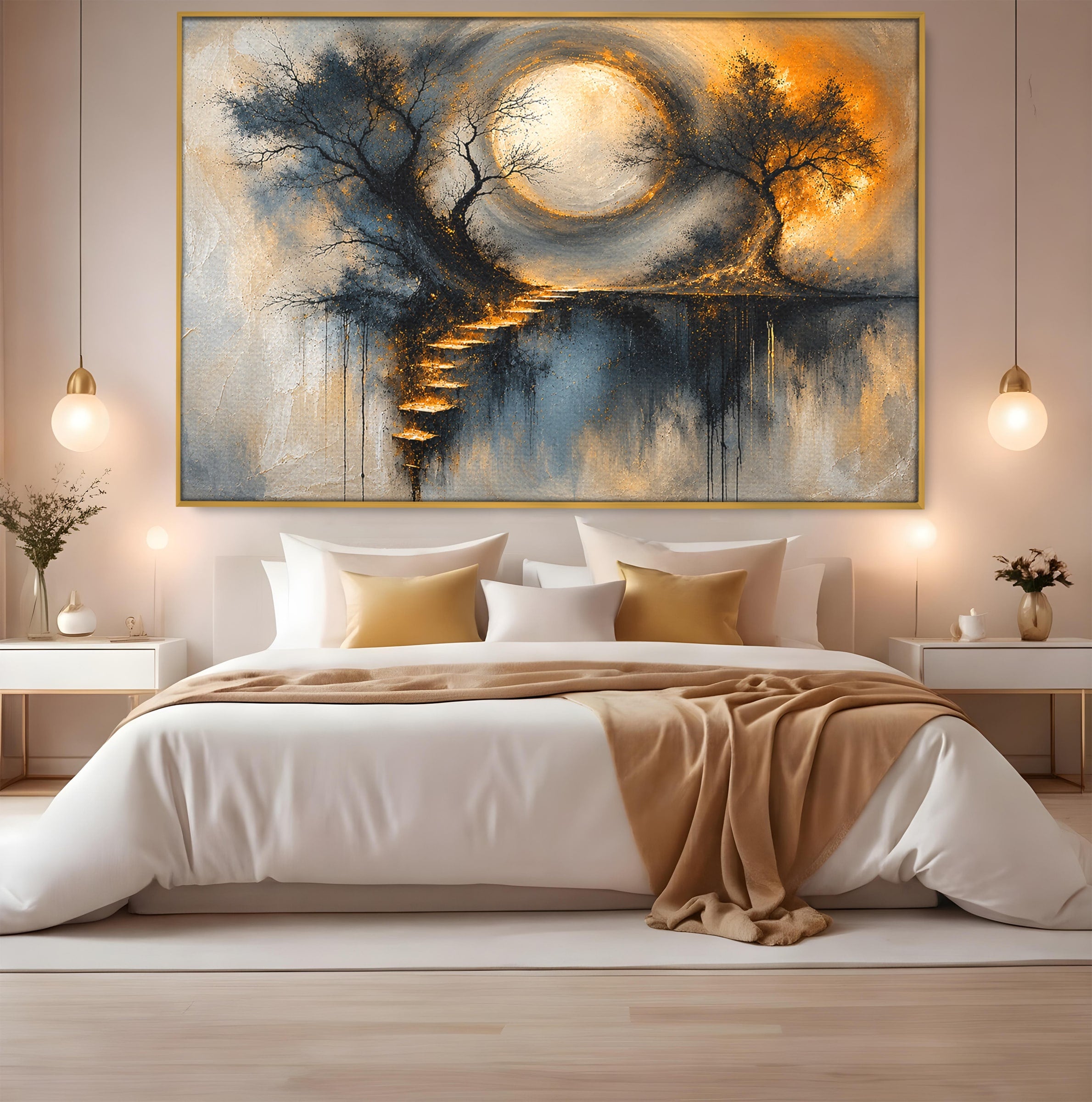 Tablou Canvas Premium LuxCanva® U1137, Copaci Sub Luna Plina, Noapte, Mister, Copaci, Luna, Living, Culori Vibrante