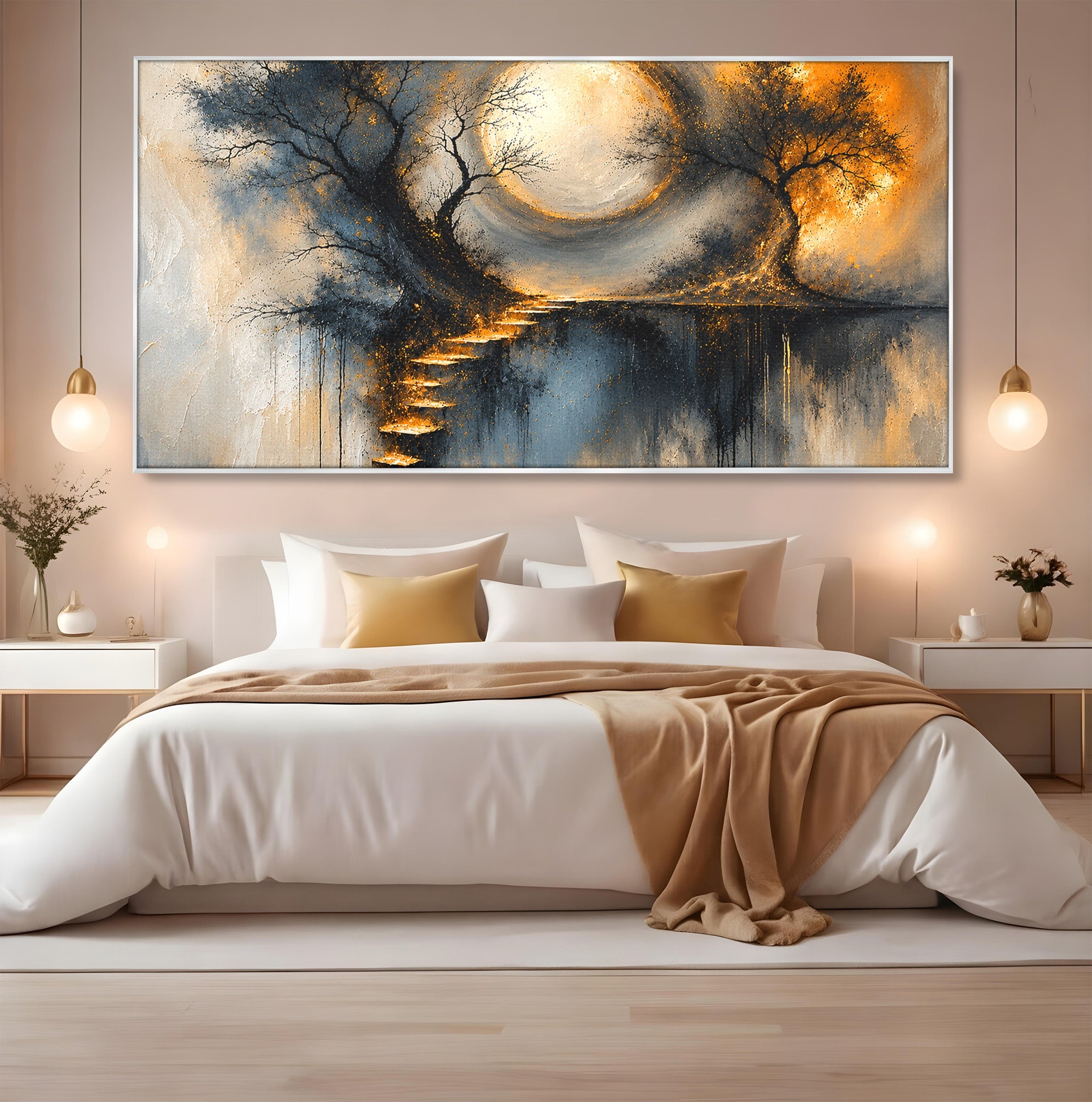 Tablou Canvas Premium LuxCanva® U1137, Copaci Sub Luna Plina, Noapte, Mister, Copaci, Luna, Living, Culori Vibrante