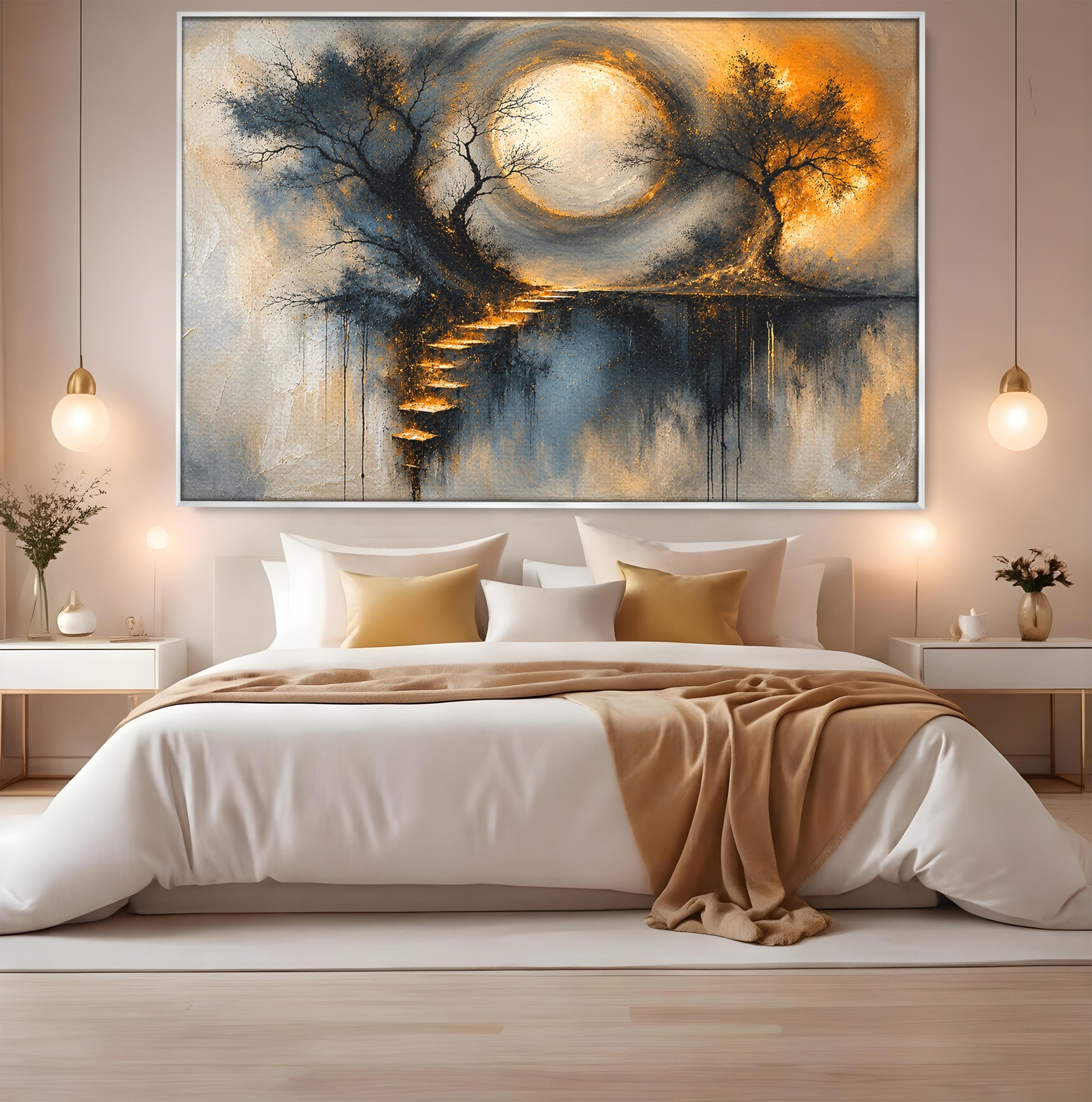 Tablou Canvas Premium LuxCanva® U1137, Copaci Sub Luna Plina, Noapte, Mister, Copaci, Luna, Living, Culori Vibrante