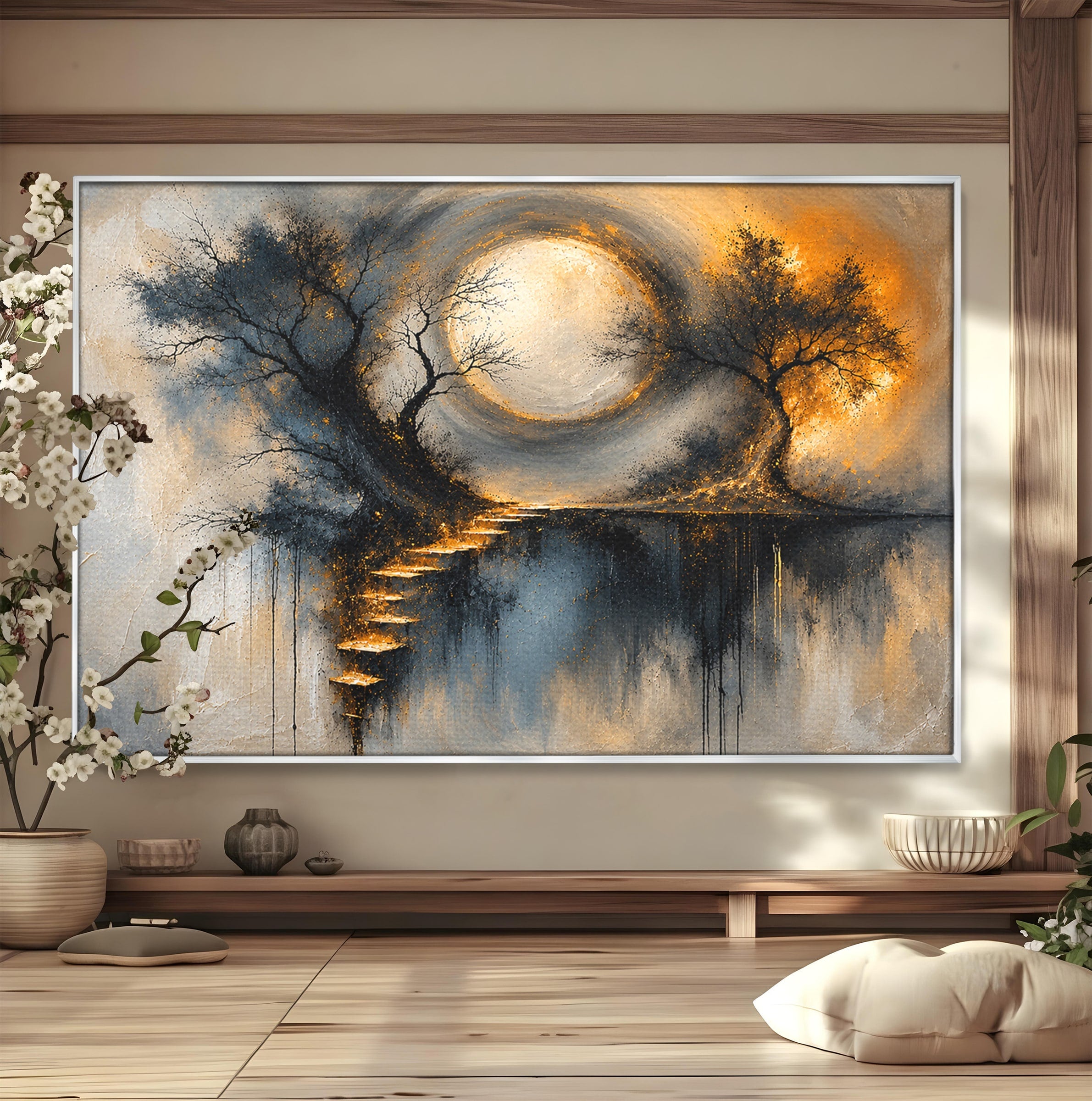 Tablou Canvas Premium LuxCanva® U1137, Copaci Sub Luna Plina, Noapte, Mister, Copaci, Luna, Living, Culori Vibrante