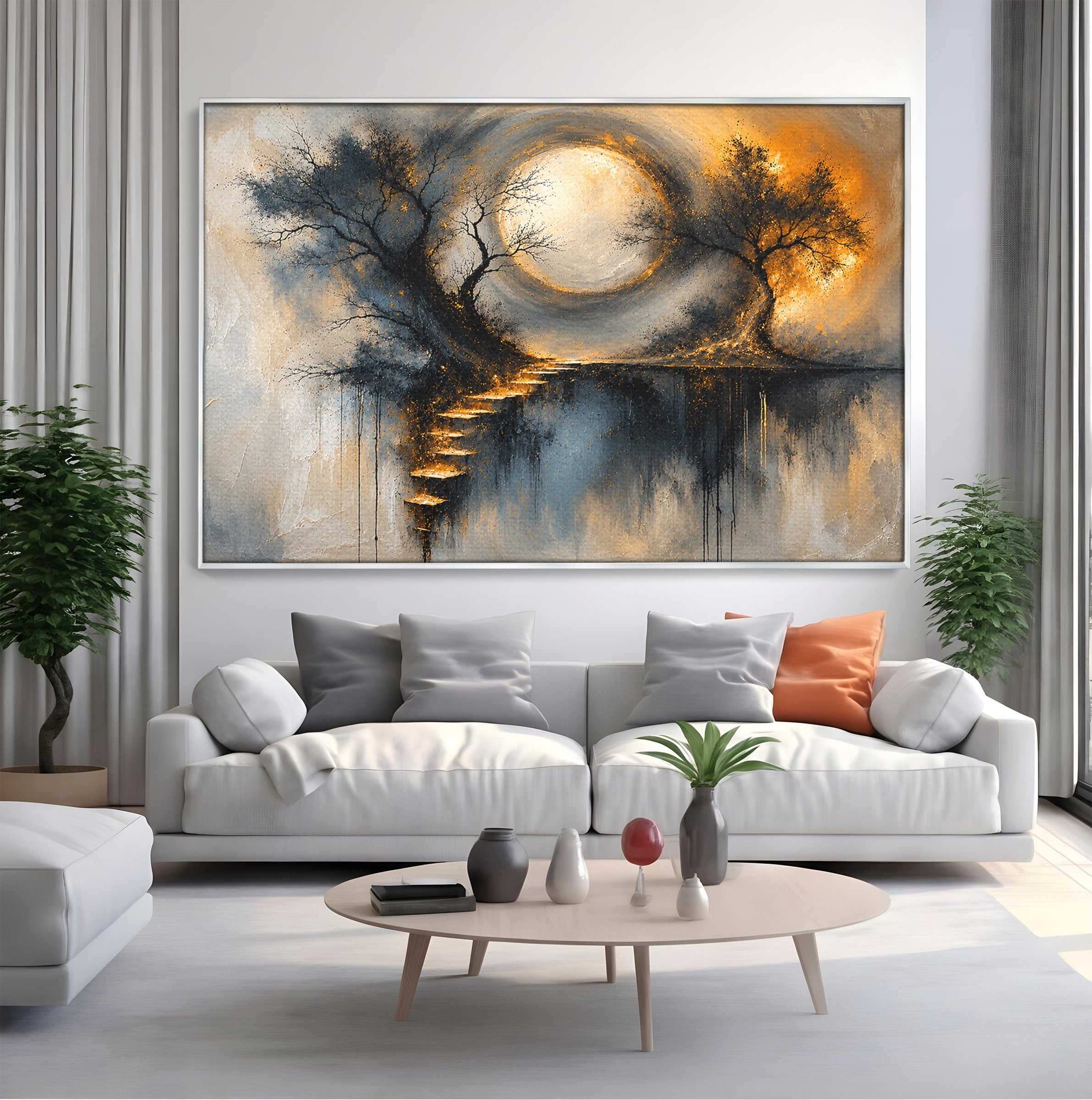Tablou Canvas Premium LuxCanva® U1137, Copaci Sub Luna Plina, Noapte, Mister, Copaci, Luna, Living, Culori Vibrante