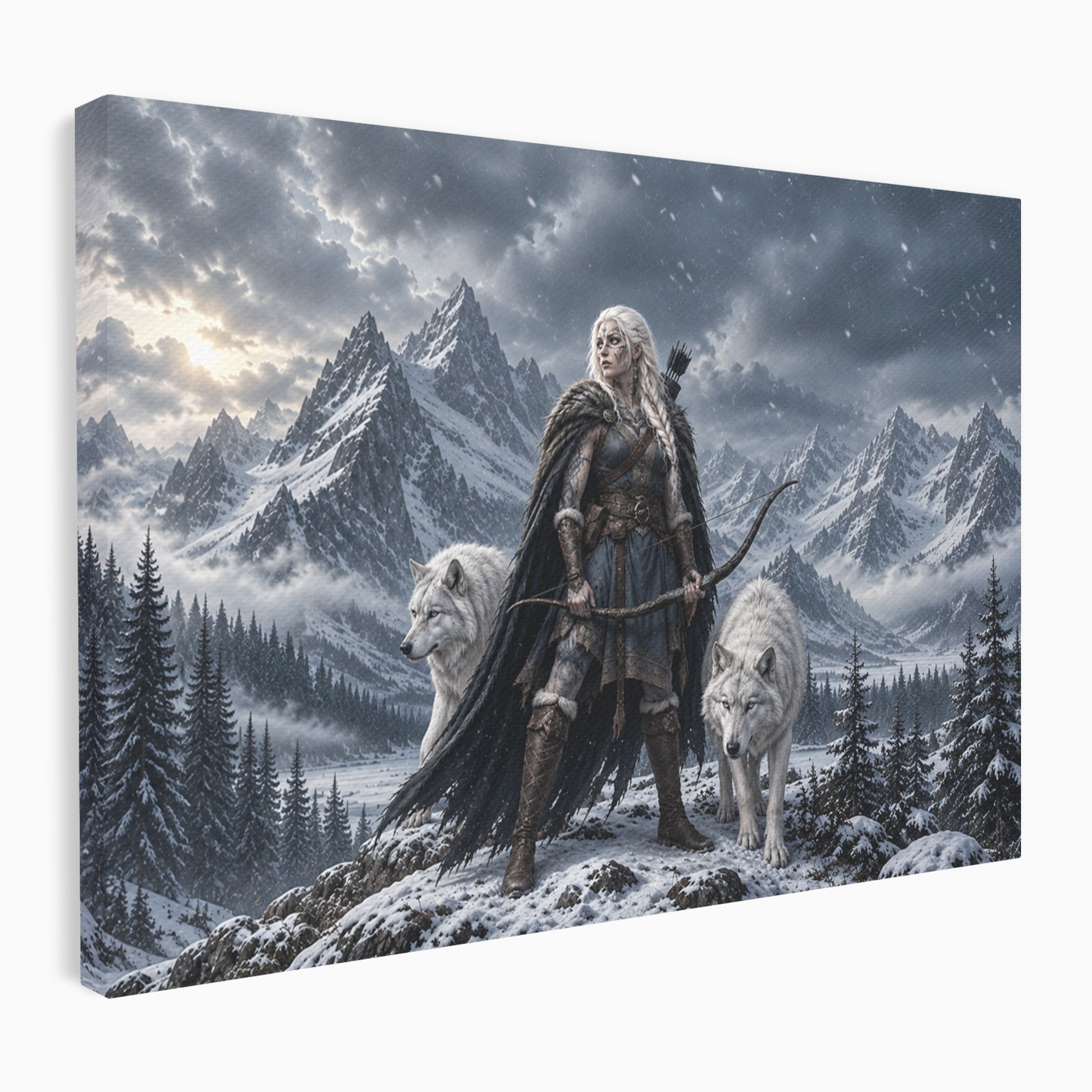 Tablou Canvas Premium LuxCanva® U1138, Razboinica Lupilor, Munti, Fantezie, Aventura, Razboinica, Lupi, Living, Culori Vibrante