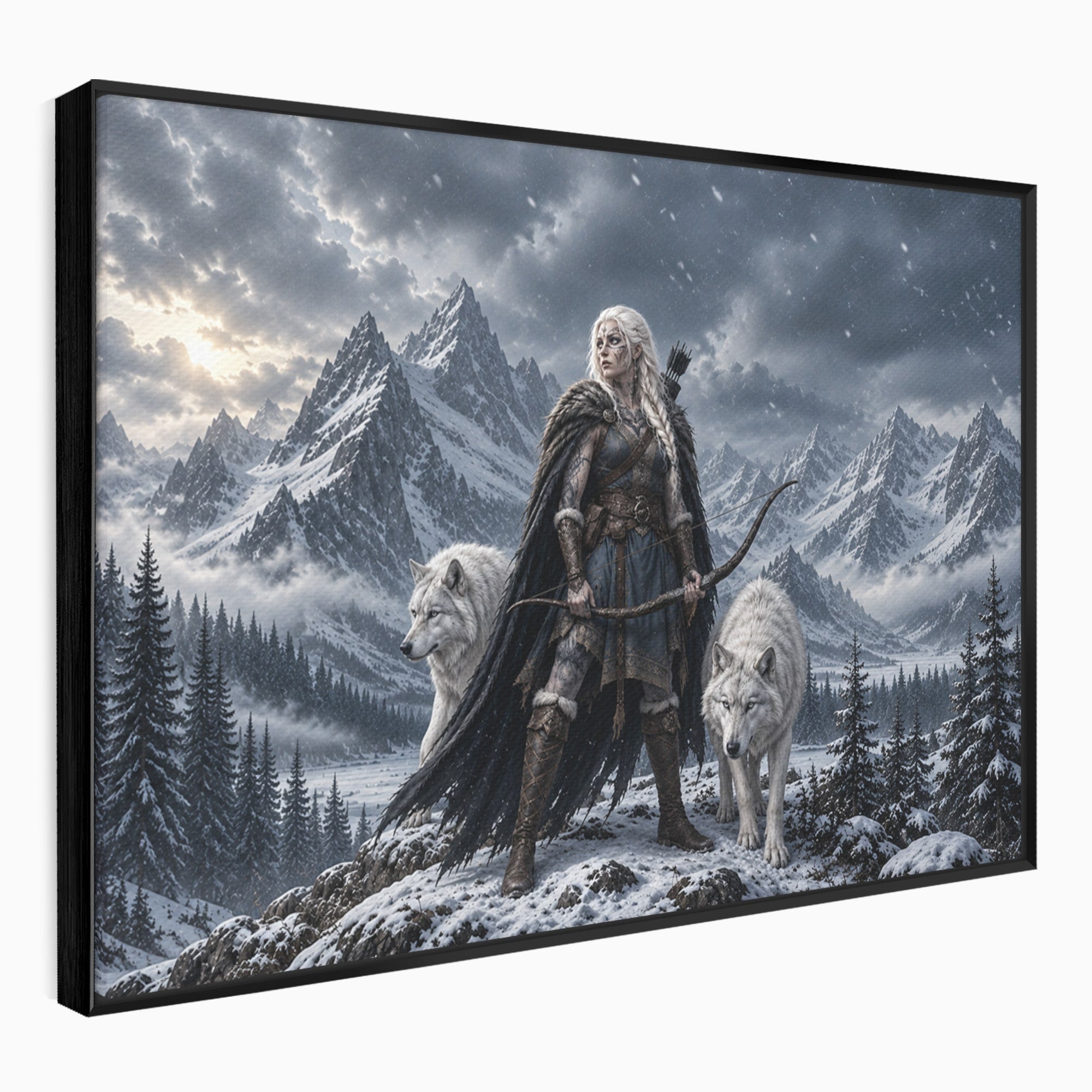 Tablou Canvas Premium LuxCanva® U1138, Razboinica Lupilor, Munti, Fantezie, Aventura, Razboinica, Lupi, Living, Culori Vibrante