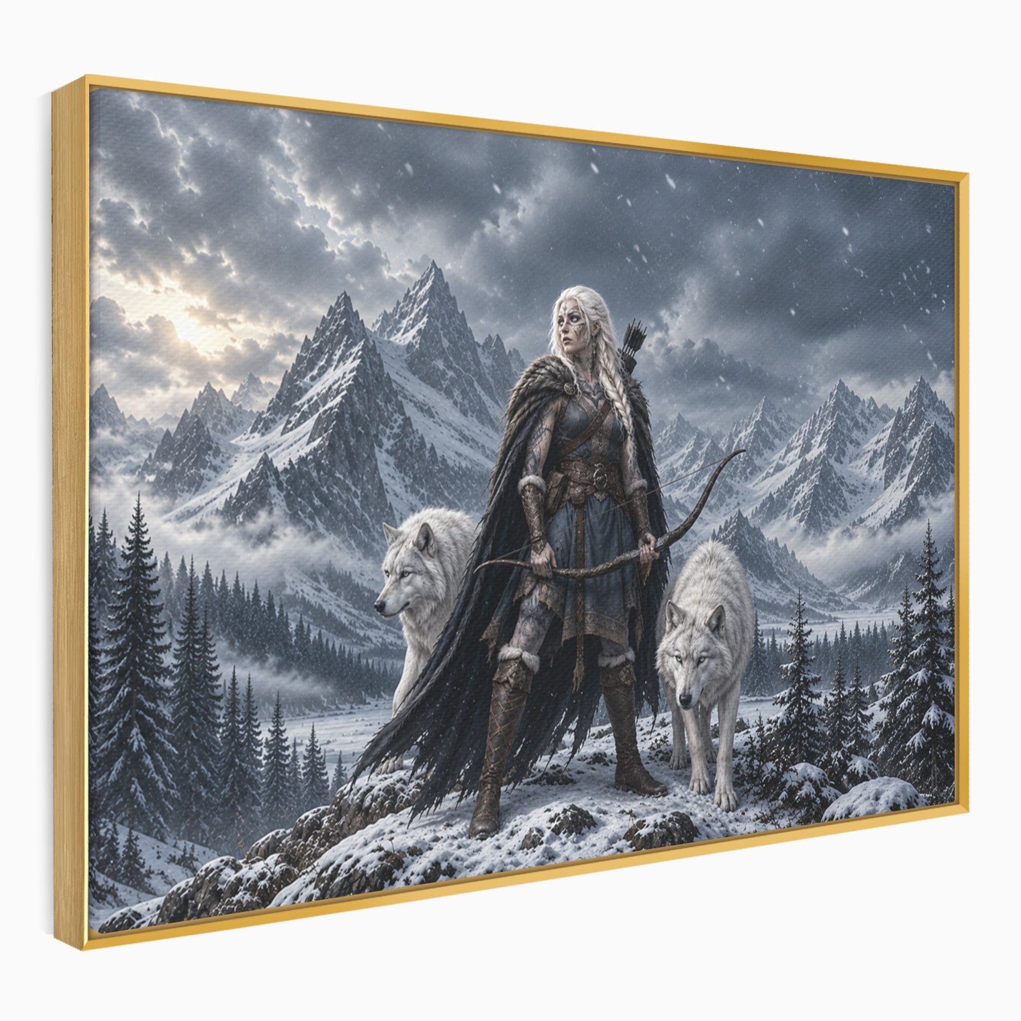 Tablou Canvas Premium LuxCanva® U1138, Razboinica Lupilor, Munti, Fantezie, Aventura, Razboinica, Lupi, Living, Culori Vibrante