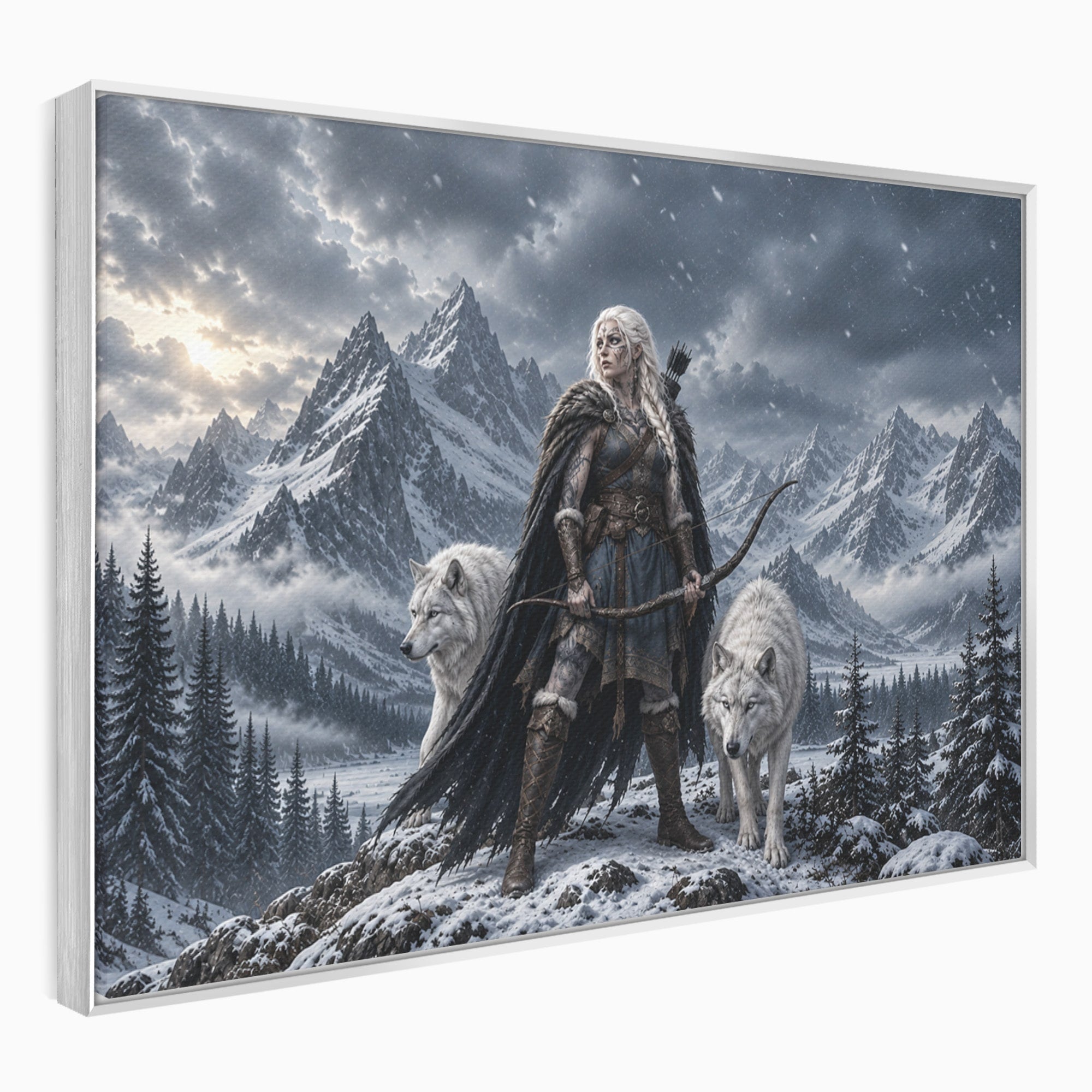 Tablou Canvas Premium LuxCanva® U1138, Razboinica Lupilor, Munti, Fantezie, Aventura, Razboinica, Lupi, Living, Culori Vibrante
