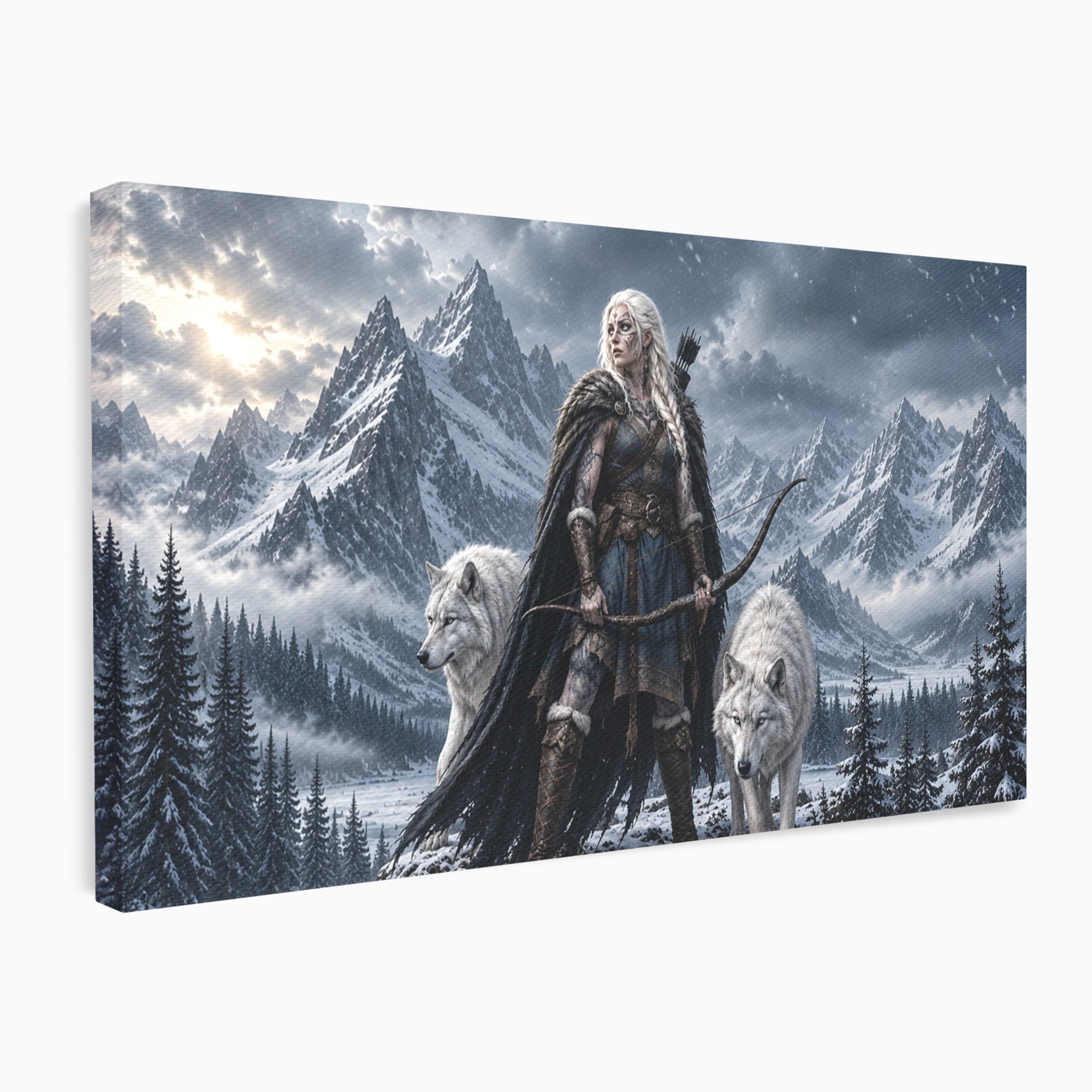 Tablou Canvas Premium LuxCanva® U1138, Razboinica Lupilor, Munti, Fantezie, Aventura, Razboinica, Lupi, Living, Culori Vibrante