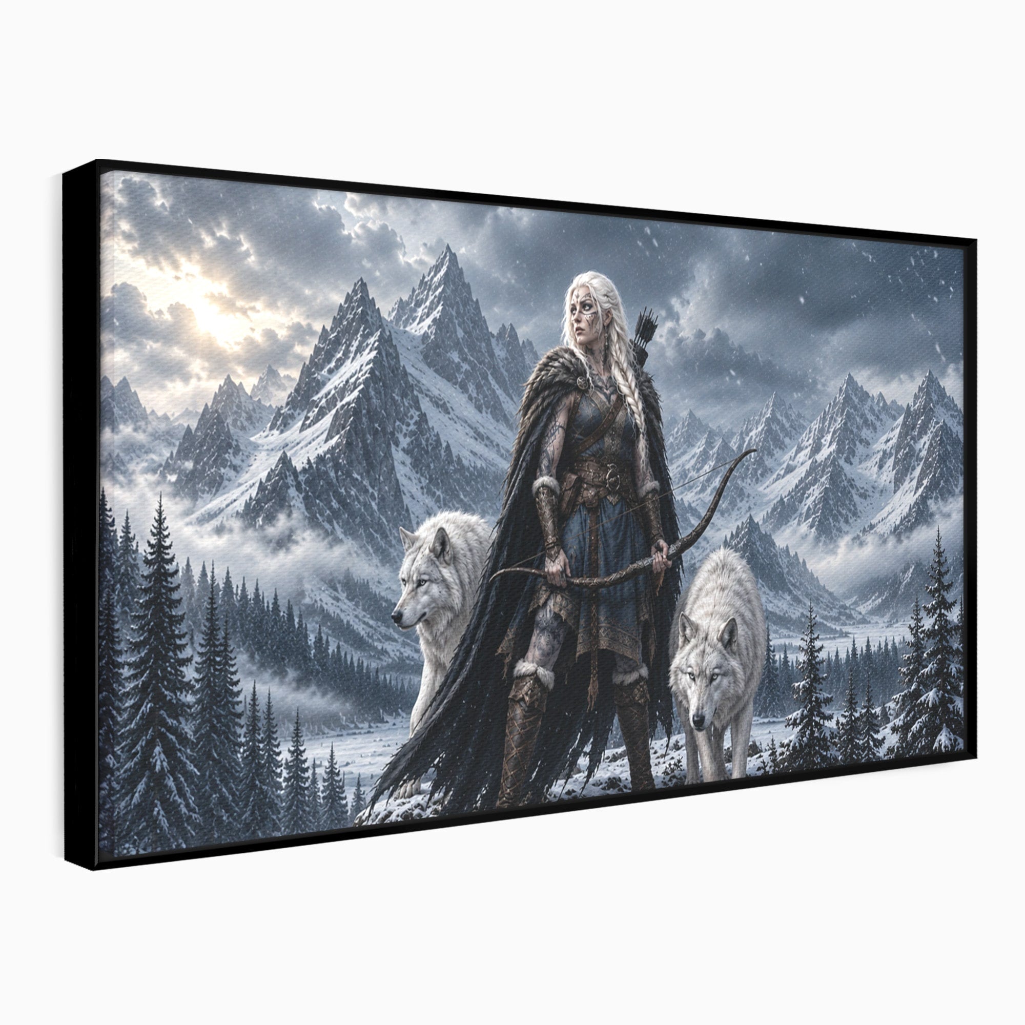 Tablou Canvas Premium LuxCanva® U1138, Razboinica Lupilor, Munti, Fantezie, Aventura, Razboinica, Lupi, Living, Culori Vibrante