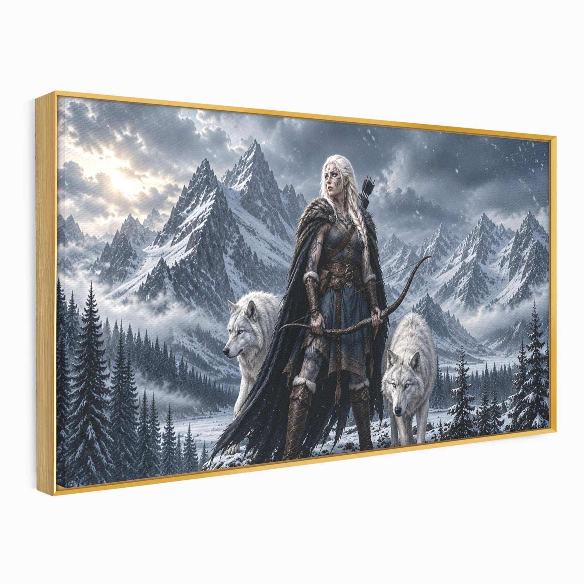 Tablou Canvas Premium LuxCanva® U1138, Razboinica Lupilor, Munti, Fantezie, Aventura, Razboinica, Lupi, Living, Culori Vibrante