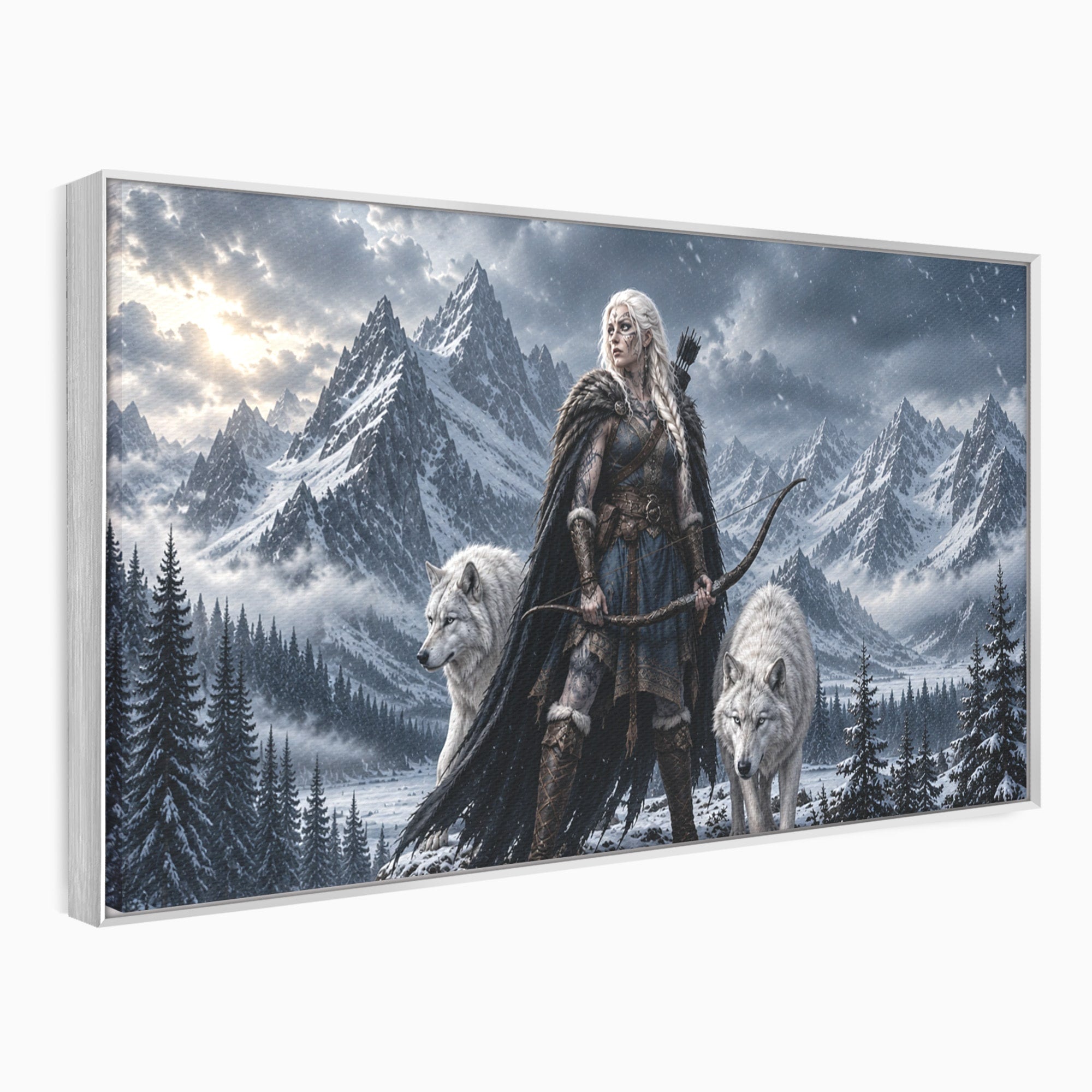 Tablou Canvas Premium LuxCanva® U1138, Razboinica Lupilor, Munti, Fantezie, Aventura, Razboinica, Lupi, Living, Culori Vibrante