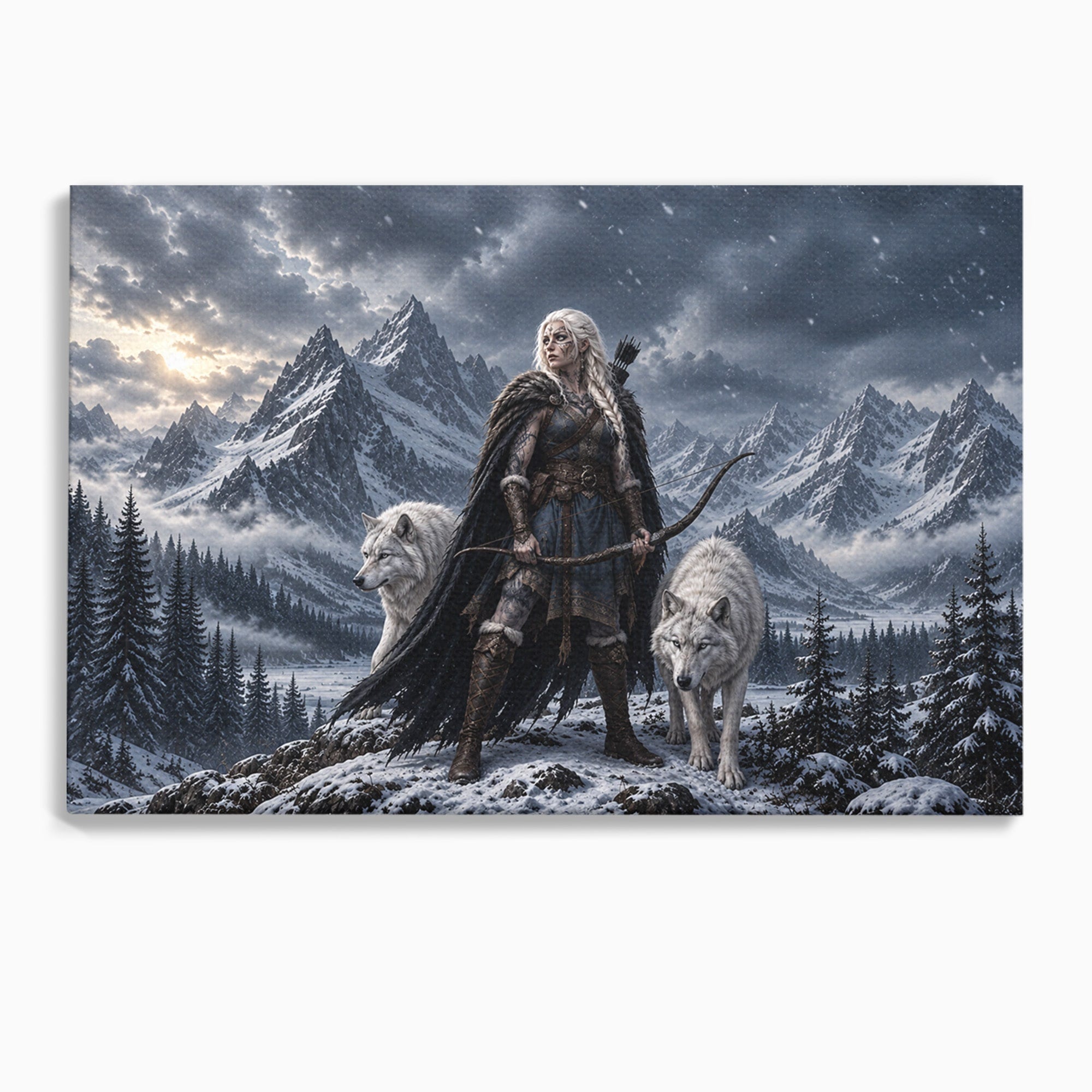 Tablou Canvas Premium LuxCanva® U1138, Razboinica Lupilor, Munti, Fantezie, Aventura, Razboinica, Lupi, Living, Culori Vibrante