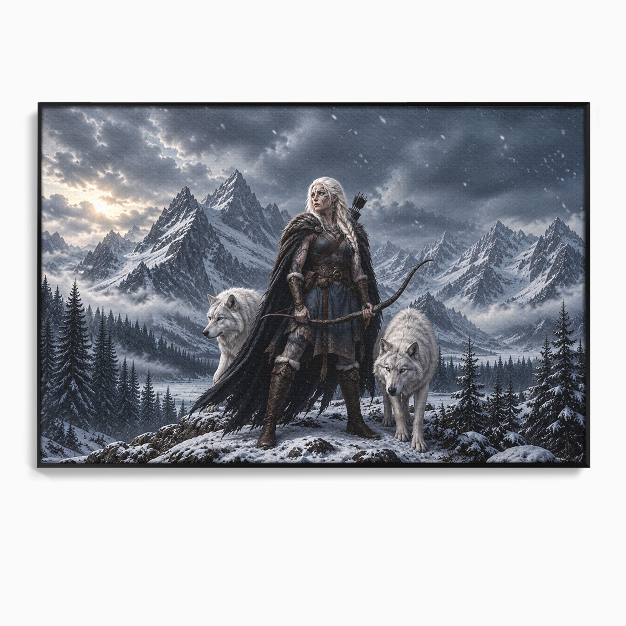 Tablou Canvas Premium LuxCanva® U1138, Razboinica Lupilor, Munti, Fantezie, Aventura, Razboinica, Lupi, Living, Culori Vibrante