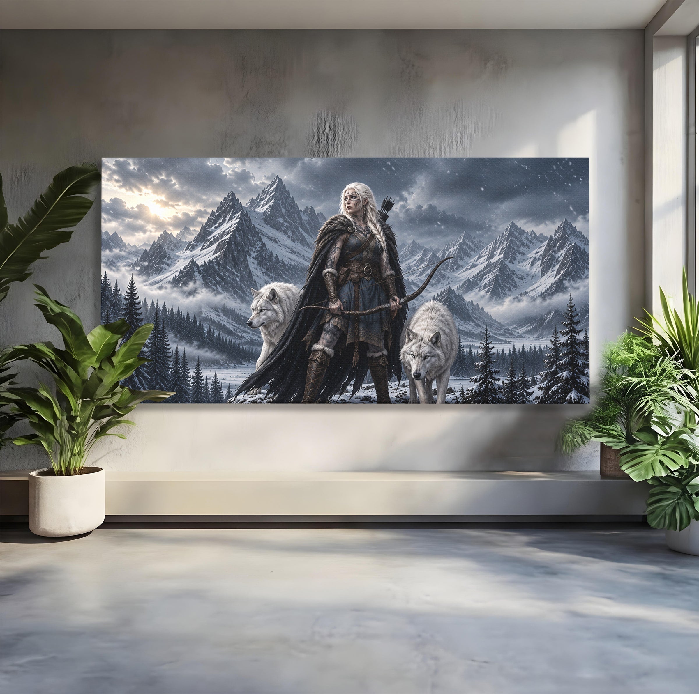 Tablou Canvas Premium LuxCanva® U1138, Razboinica Lupilor, Munti, Fantezie, Aventura, Razboinica, Lupi, Living, Culori Vibrante