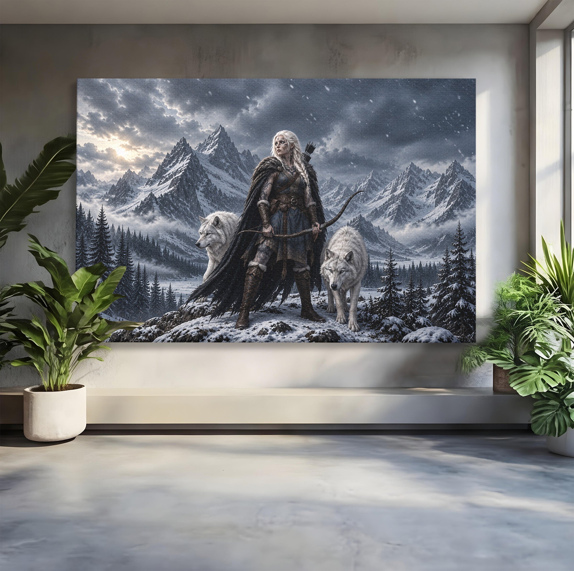Tablou Canvas Premium LuxCanva® U1138, Razboinica Lupilor, Munti, Fantezie, Aventura, Razboinica, Lupi, Living, Culori Vibrante