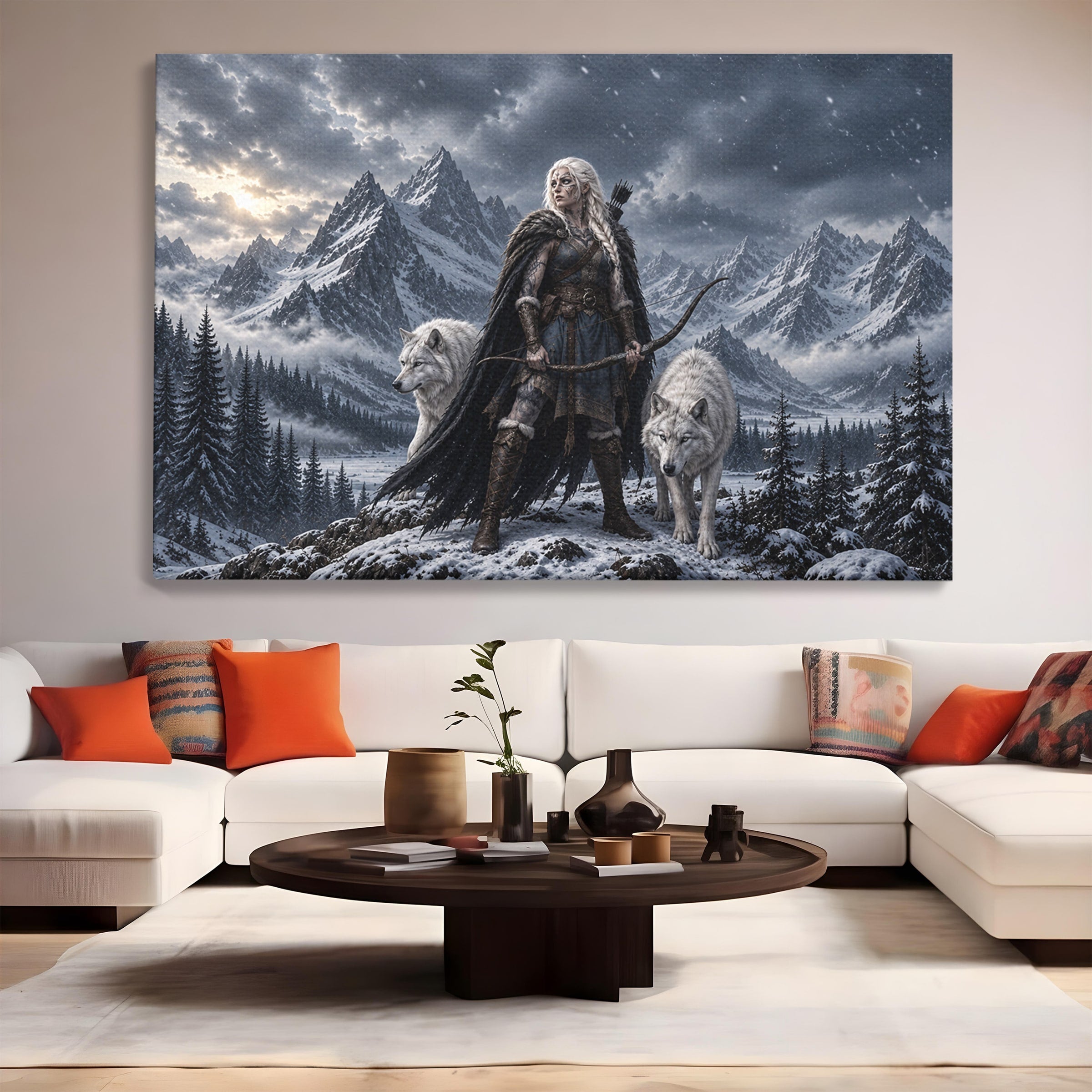 Tablou Canvas Premium LuxCanva® U1138, Razboinica Lupilor, Munti, Fantezie, Aventura, Razboinica, Lupi, Living, Culori Vibrante