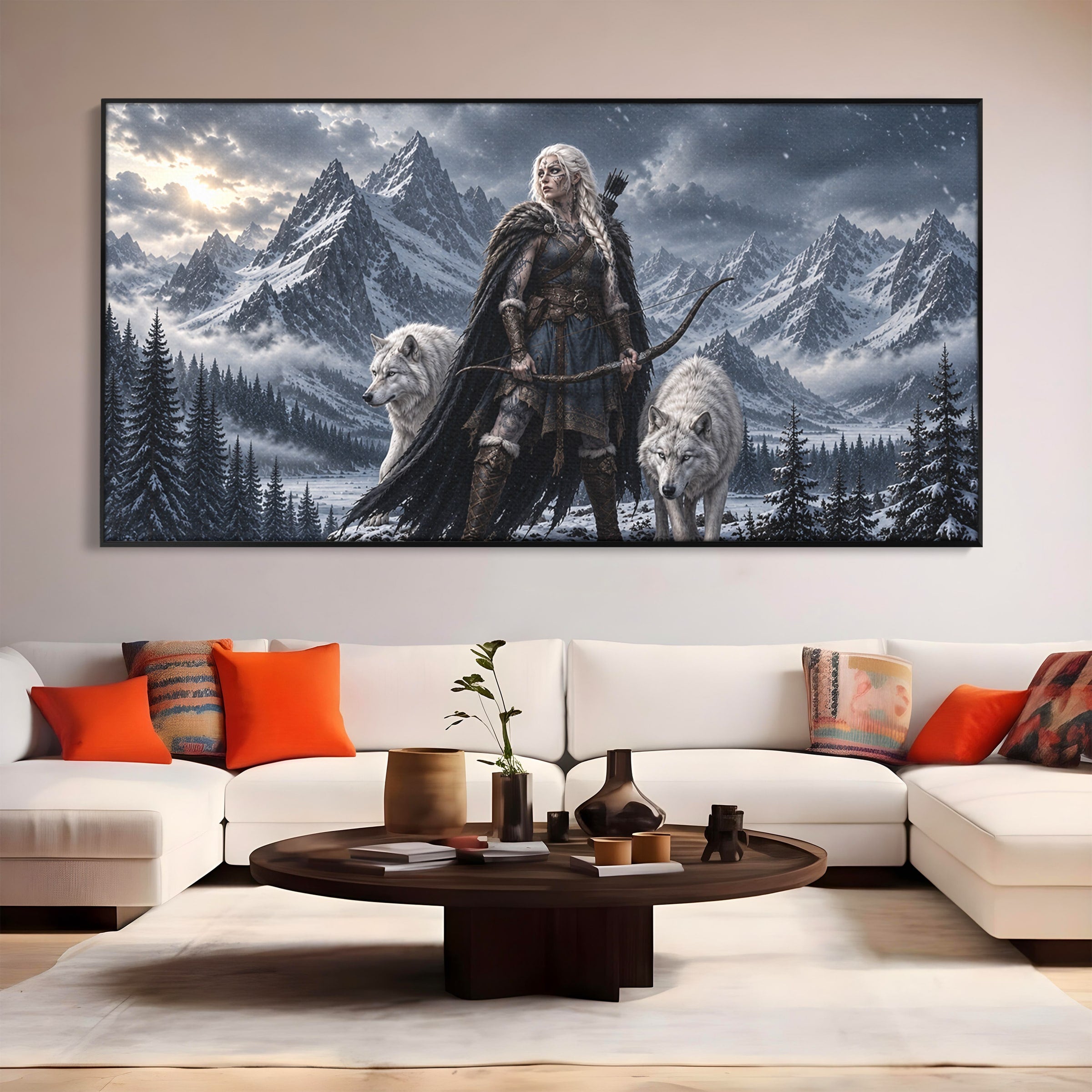 Tablou Canvas Premium LuxCanva® U1138, Razboinica Lupilor, Munti, Fantezie, Aventura, Razboinica, Lupi, Living, Culori Vibrante