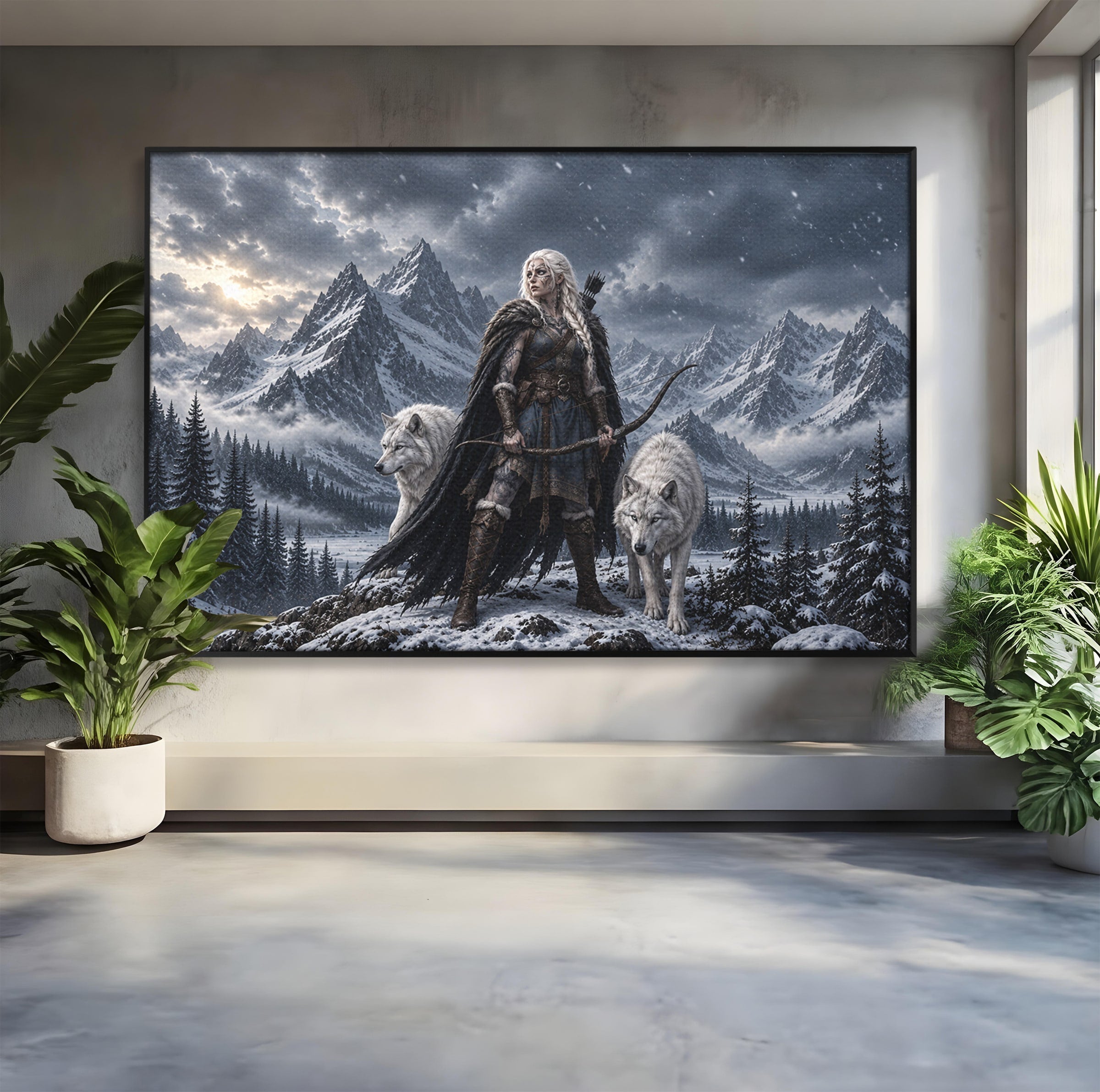 Tablou Canvas Premium LuxCanva® U1138, Razboinica Lupilor, Munti, Fantezie, Aventura, Razboinica, Lupi, Living, Culori Vibrante