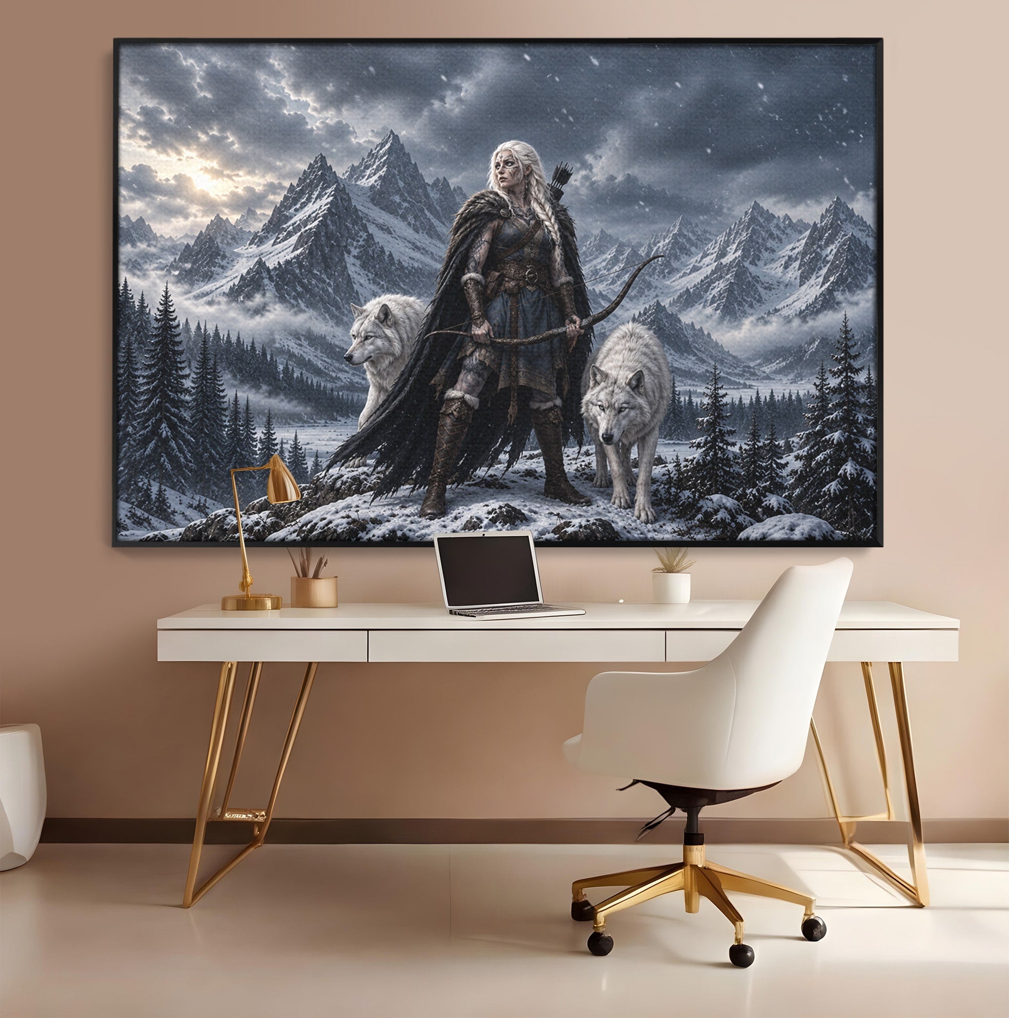 Tablou Canvas Premium LuxCanva® U1138, Razboinica Lupilor, Munti, Fantezie, Aventura, Razboinica, Lupi, Living, Culori Vibrante