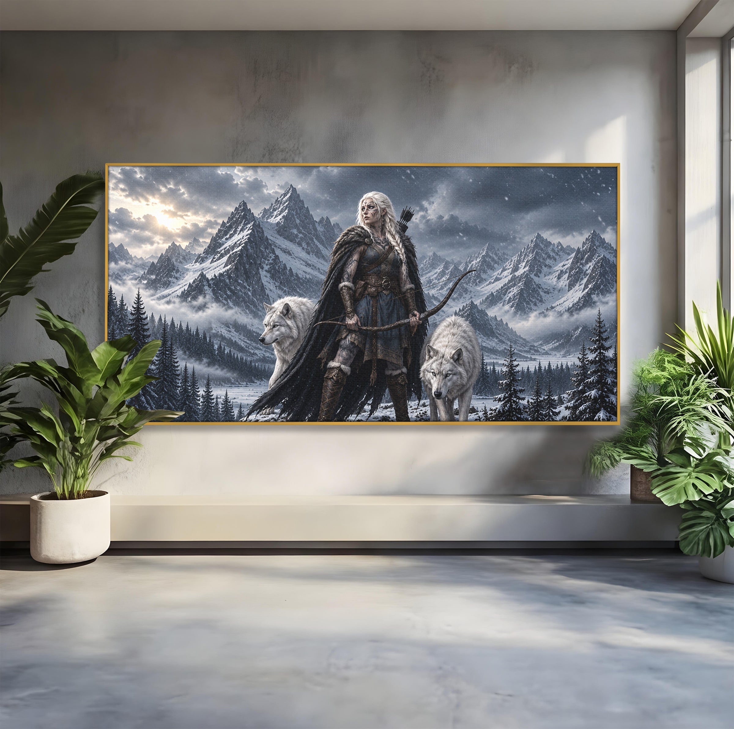 Tablou Canvas Premium LuxCanva® U1138, Razboinica Lupilor, Munti, Fantezie, Aventura, Razboinica, Lupi, Living, Culori Vibrante