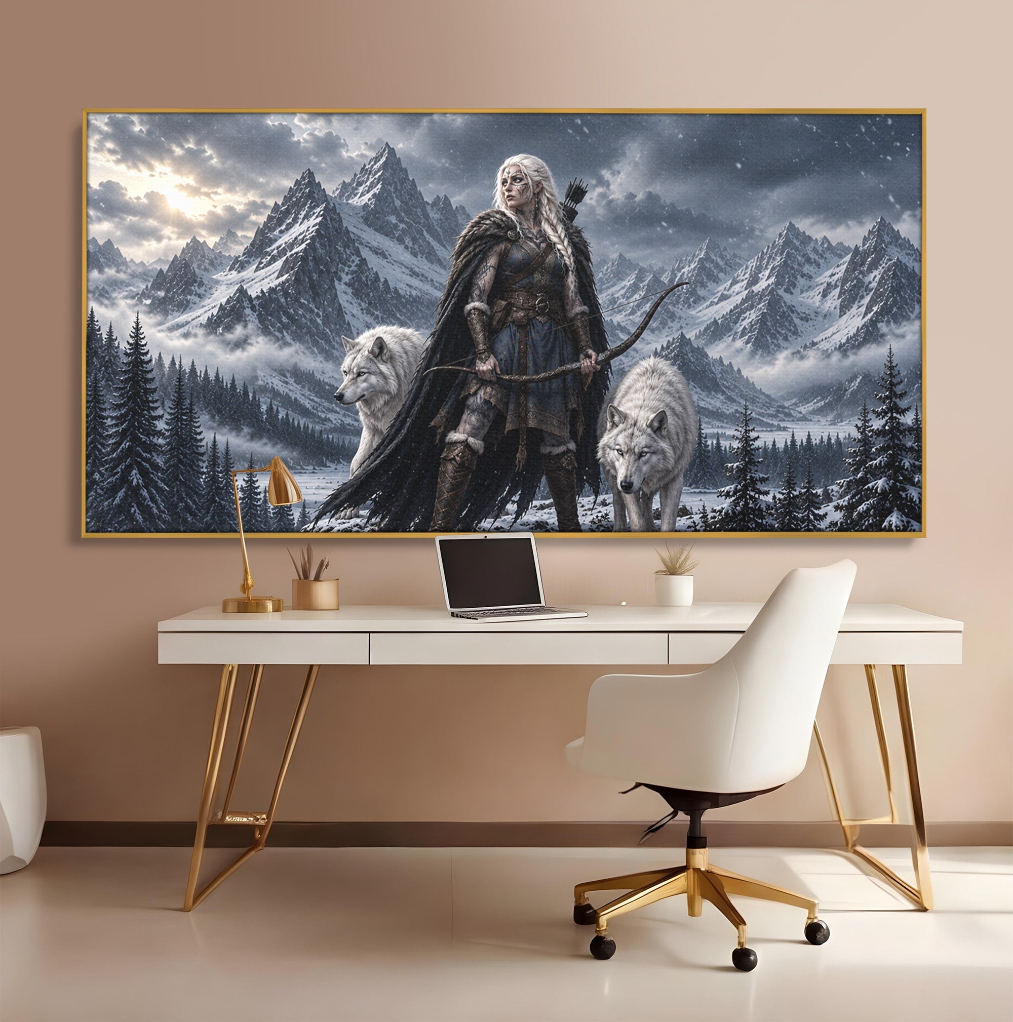 Tablou Canvas Premium LuxCanva® U1138, Razboinica Lupilor, Munti, Fantezie, Aventura, Razboinica, Lupi, Living, Culori Vibrante