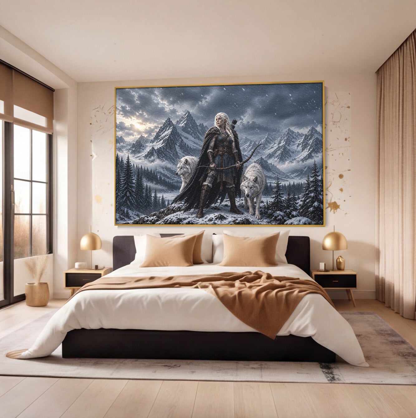 Tablou Canvas Premium LuxCanva® U1138, Razboinica Lupilor, Munti, Fantezie, Aventura, Razboinica, Lupi, Living, Culori Vibrante