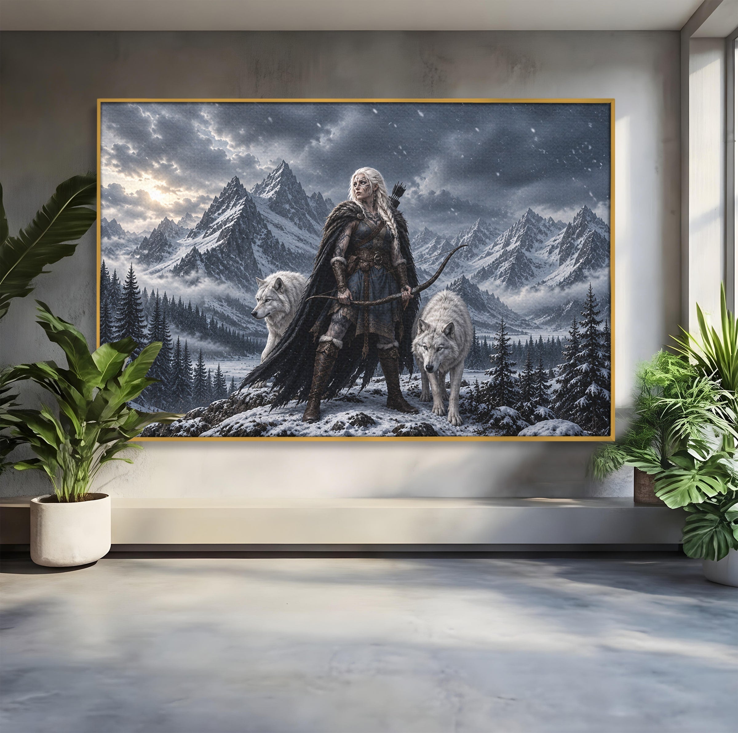 Tablou Canvas Premium LuxCanva® U1138, Razboinica Lupilor, Munti, Fantezie, Aventura, Razboinica, Lupi, Living, Culori Vibrante