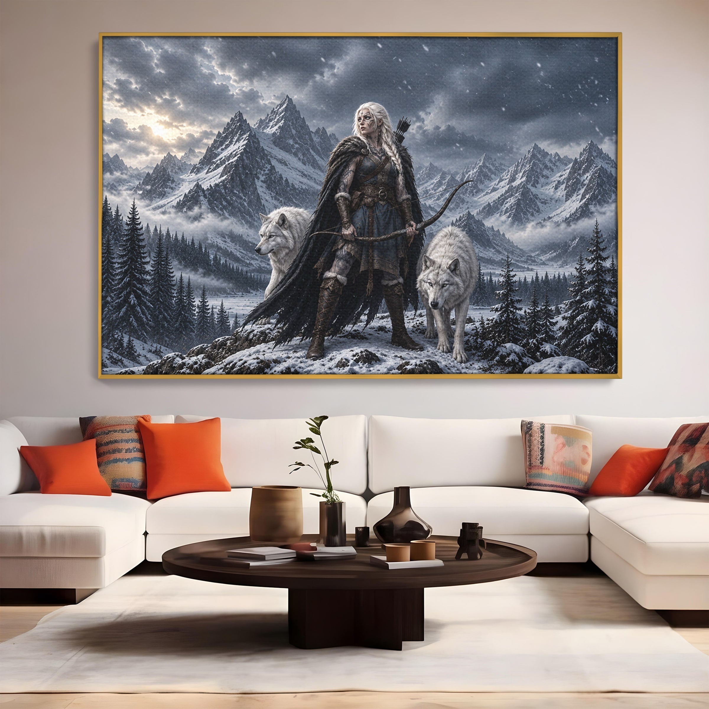 Tablou Canvas Premium LuxCanva® U1138, Razboinica Lupilor, Munti, Fantezie, Aventura, Razboinica, Lupi, Living, Culori Vibrante